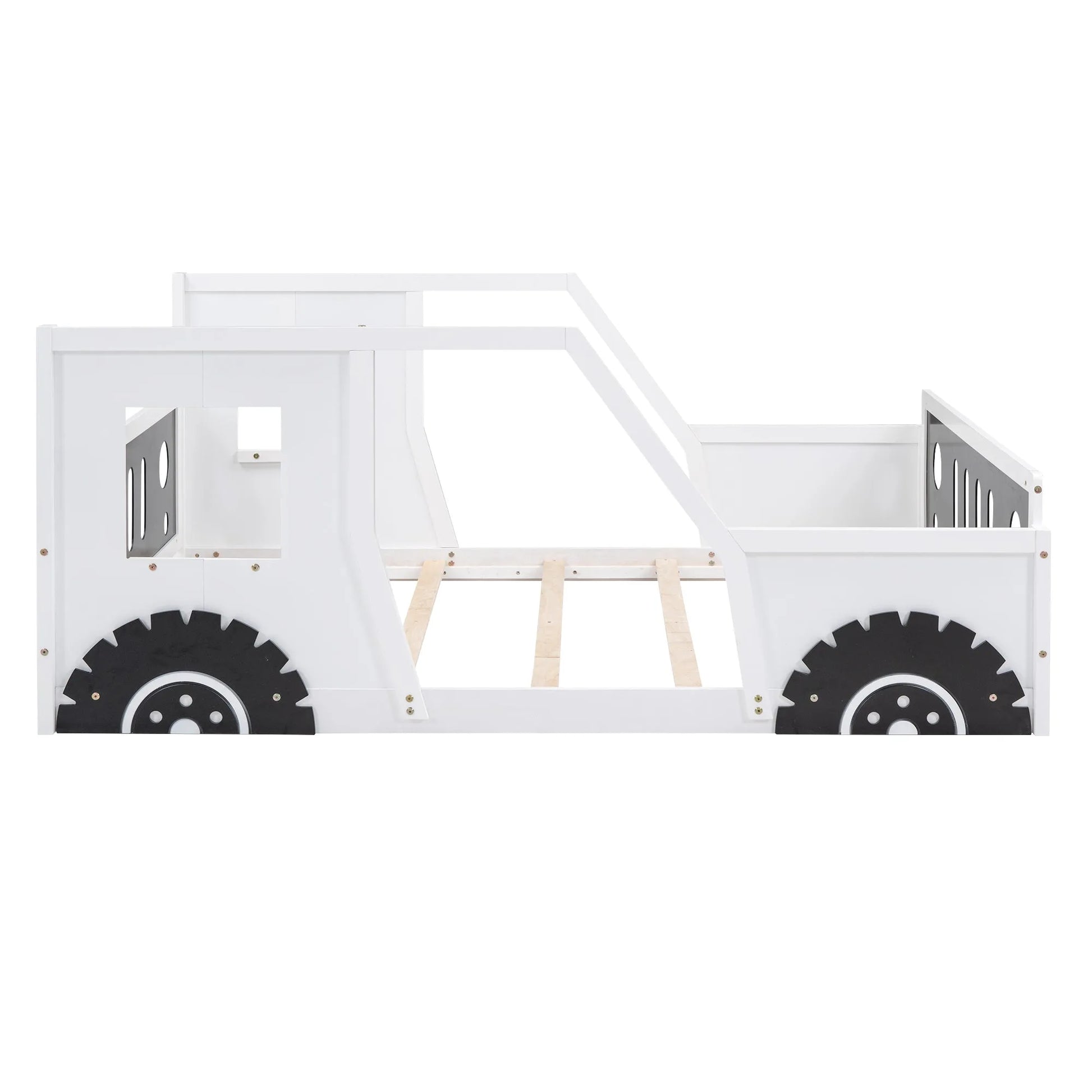 Classic Car-Shaped Full Size Platform Bed with Wheels in White, Pine Wood and MDF Construction detail view 9