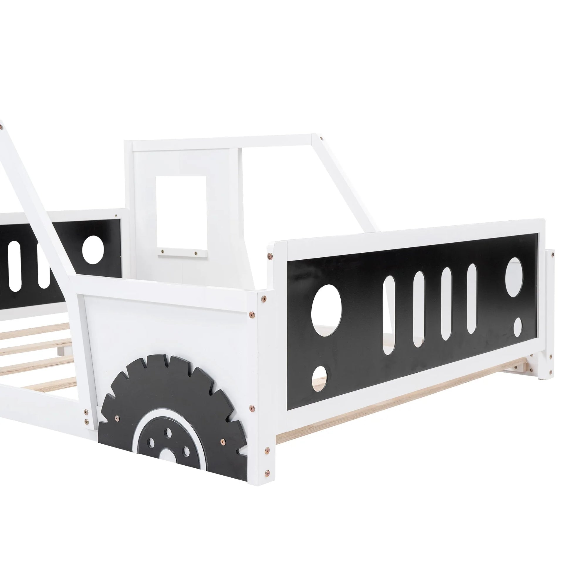 Classic Car-Shaped Full Size Platform Bed with Wheels in White, Pine Wood and MDF Construction detail view 10