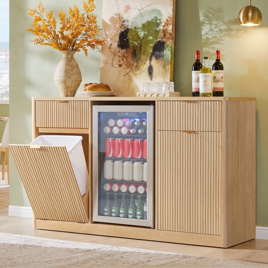 K&K 59' Coffee Bar Cabinet with Fridge Space & Tilt-Out Trash Cabinet, Mini Fridge Wine Cabinet with Storage/Charging Station, Fluted Buffet Sideboard with Glass Holder for Dining Room, Natural Oak lifestyle view