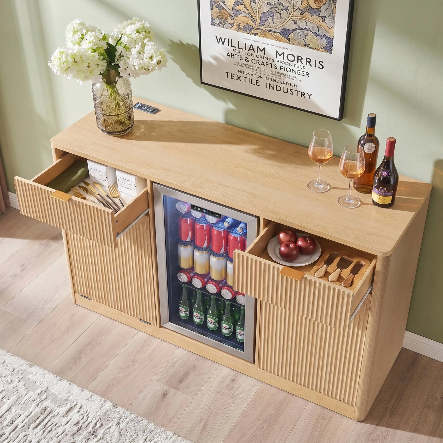 K&K 59' Coffee Bar Cabinet with Fridge Space & Tilt-Out Trash Cabinet, Mini Fridge Wine Cabinet with Storage/Charging Station, Fluted Buffet Sideboard with Glass Holder for Dining Room, Natural Oak detail view 2