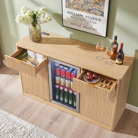 K&K 59' Coffee Bar Cabinet with Fridge Space & Tilt-Out Trash Cabinet, Mini Fridge Wine Cabinet with Storage/Charging Station, Fluted Buffet Sideboard with Glass Holder for Dining Room, Natural Oak detail view 2