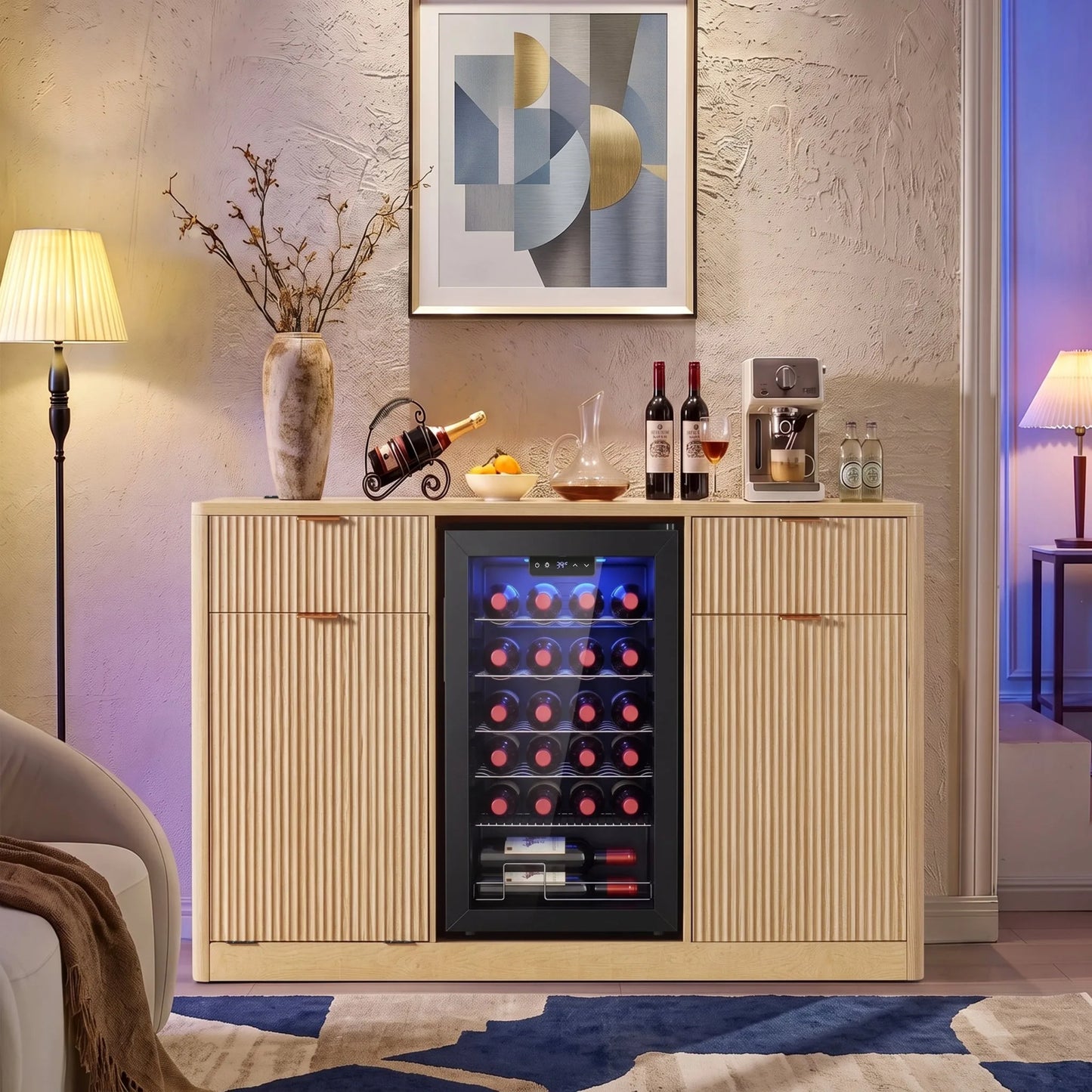 K&K 59' Coffee Bar Cabinet with Fridge Space & Tilt-Out Trash Cabinet, Mini Fridge Wine Cabinet with Storage/Charging Station, Fluted Buffet Sideboard with Glass Holder for Dining Room, Natural Oak detail view 3