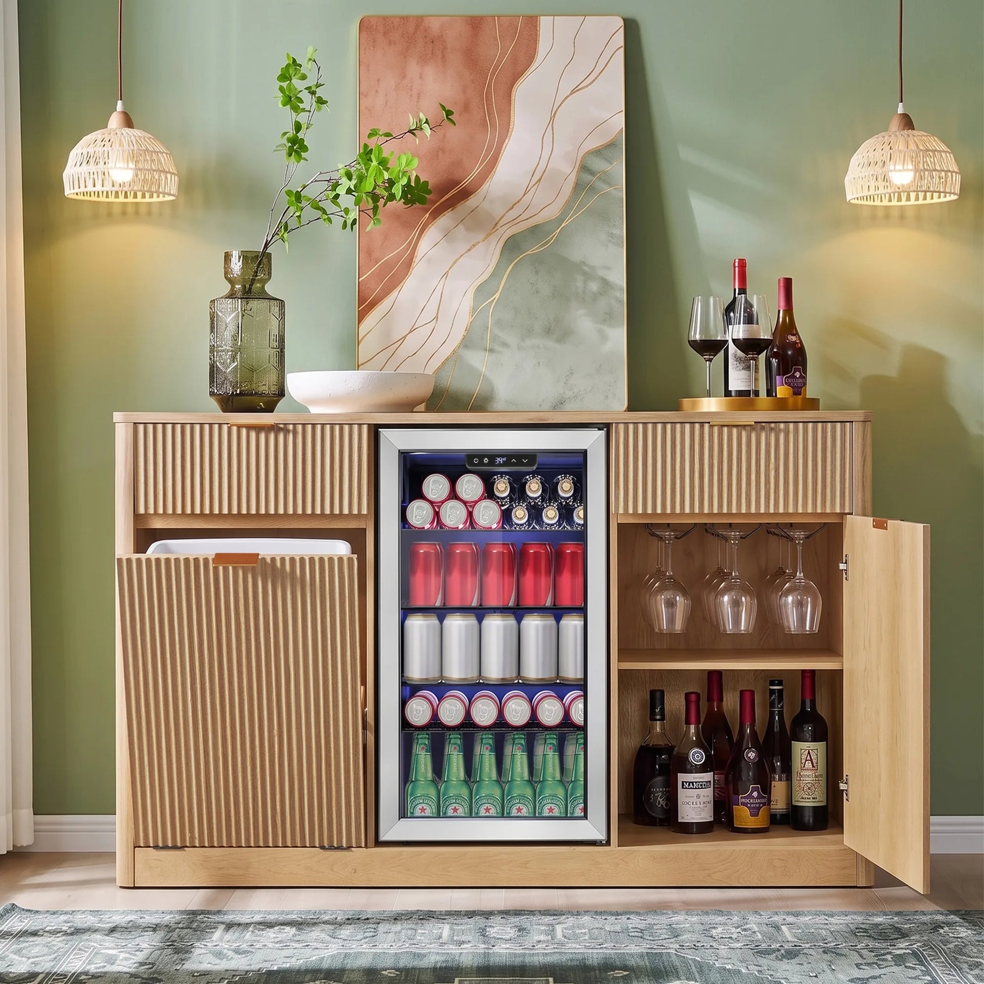 K&K 59' Coffee Bar Cabinet with Fridge Space & Tilt-Out Trash Cabinet, Mini Fridge Wine Cabinet with Storage/Charging Station, Fluted Buffet Sideboard with Glass Holder for Dining Room, Natural Oak detail view 4