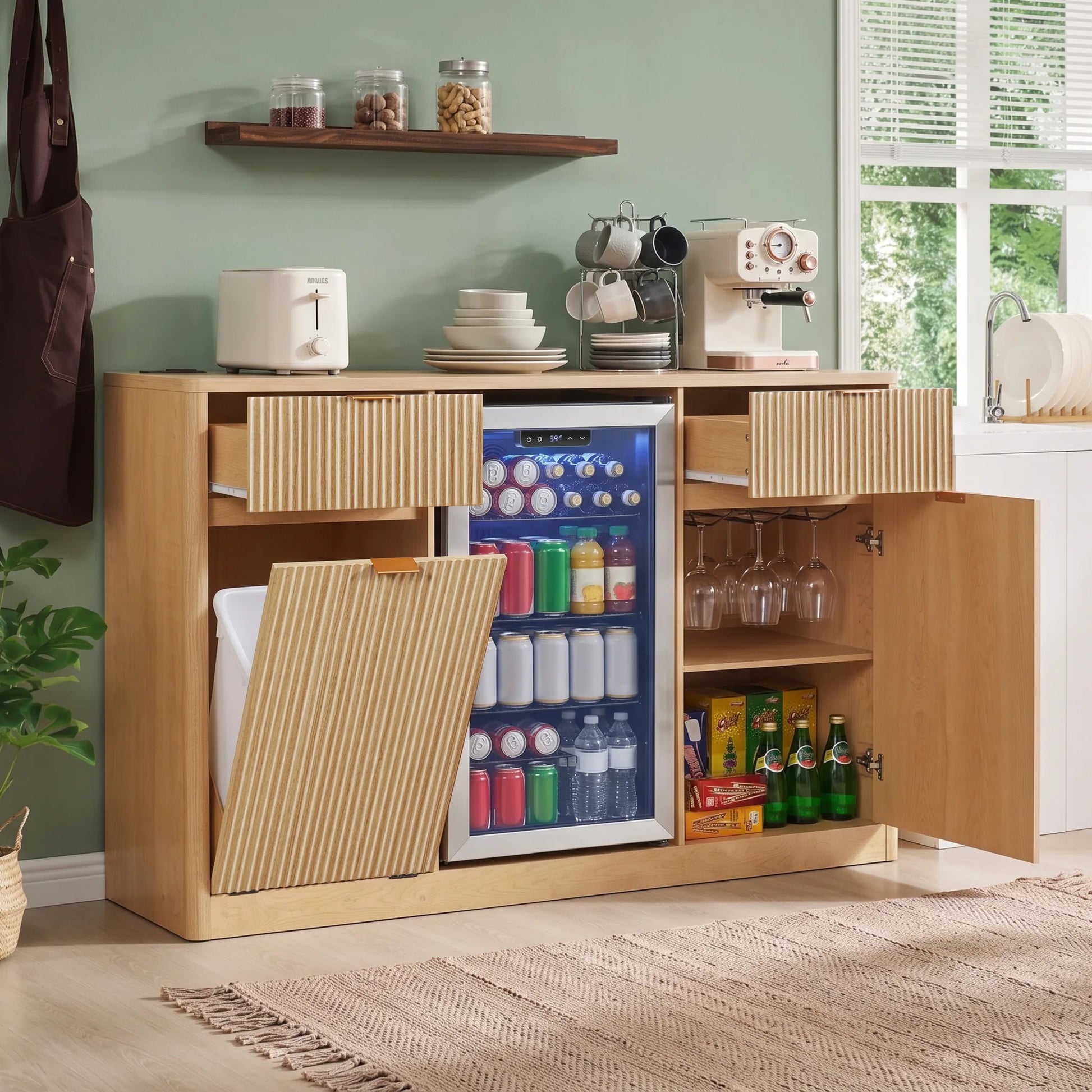 K&K 59' Coffee Bar Cabinet with Fridge Space & Tilt-Out Trash Cabinet, Mini Fridge Wine Cabinet with Storage/Charging Station, Fluted Buffet Sideboard with Glass Holder for Dining Room, Natural Oak detail view 5