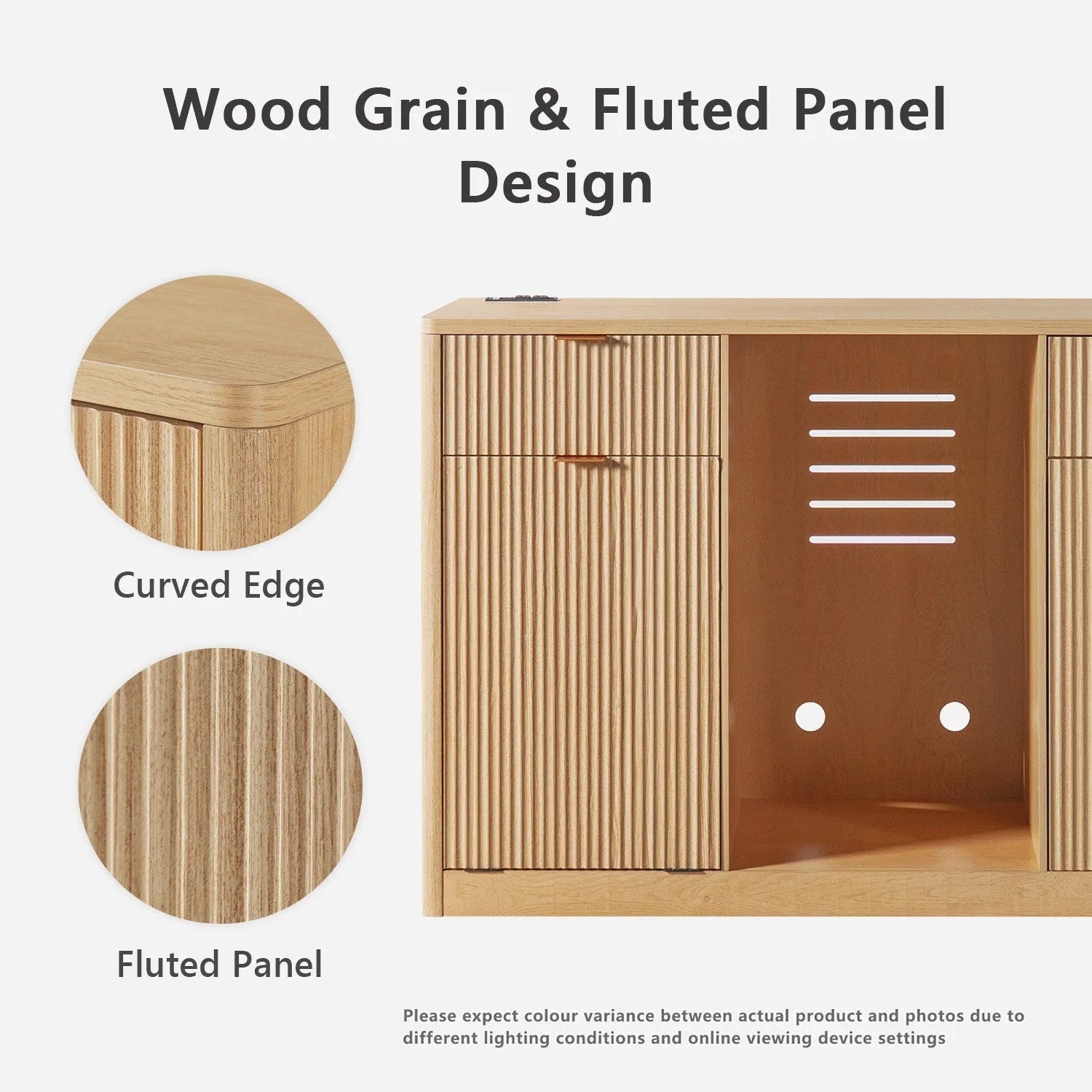 K&K 59' Coffee Bar Cabinet with Fridge Space & Tilt-Out Trash Cabinet, Mini Fridge Wine Cabinet with Storage/Charging Station, Fluted Buffet Sideboard with Glass Holder for Dining Room, Natural Oak detail view 6