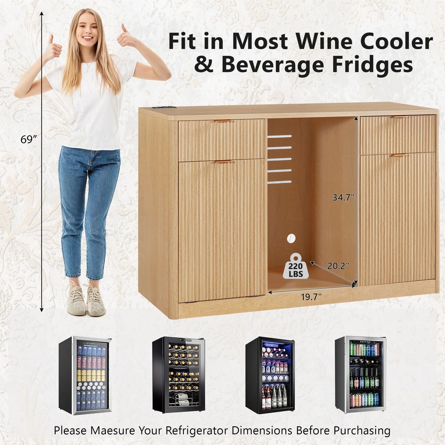 K&K 59' Coffee Bar Cabinet with Fridge Space & Tilt-Out Trash Cabinet, Mini Fridge Wine Cabinet with Storage/Charging Station, Fluted Buffet Sideboard with Glass Holder for Dining Room, Natural Oak detail view 7