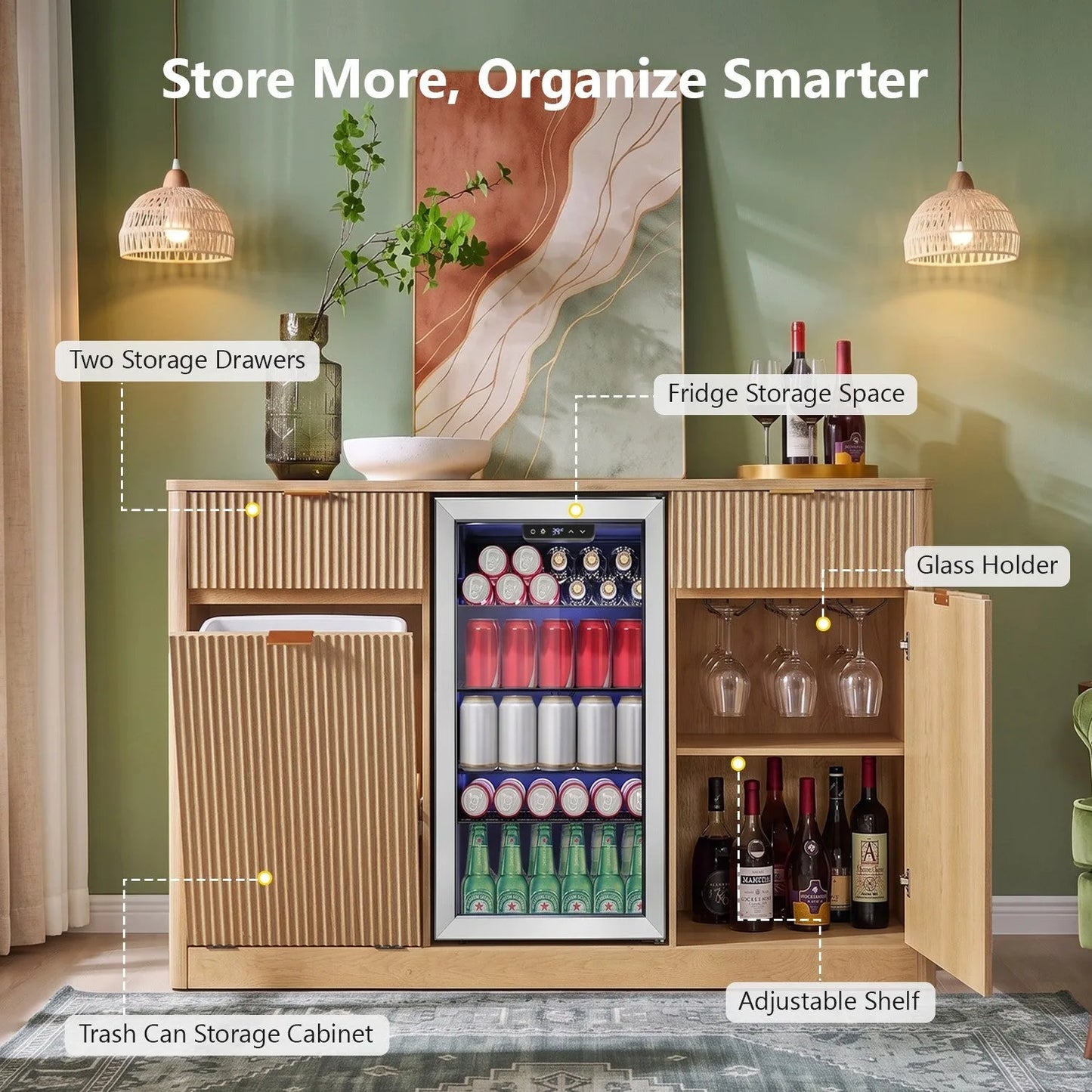 K&K 59' Coffee Bar Cabinet with Fridge Space & Tilt-Out Trash Cabinet, Mini Fridge Wine Cabinet with Storage/Charging Station, Fluted Buffet Sideboard with Glass Holder for Dining Room, Natural Oak detail view 8