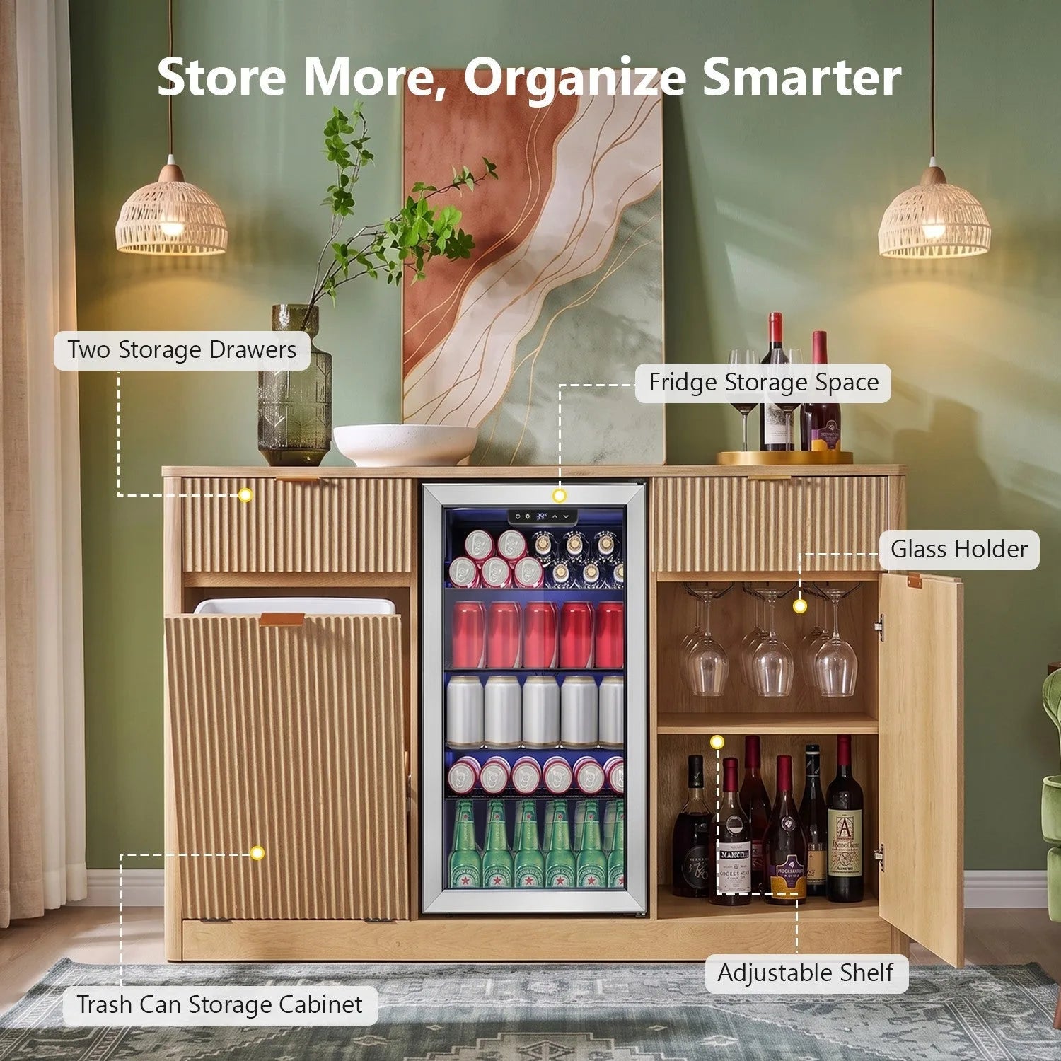 K&K 59' Coffee Bar Cabinet with Fridge Space & Tilt-Out Trash Cabinet, Mini Fridge Wine Cabinet with Storage/Charging Station, Fluted Buffet Sideboard with Glass Holder for Dining Room, Natural Oak detail view 8