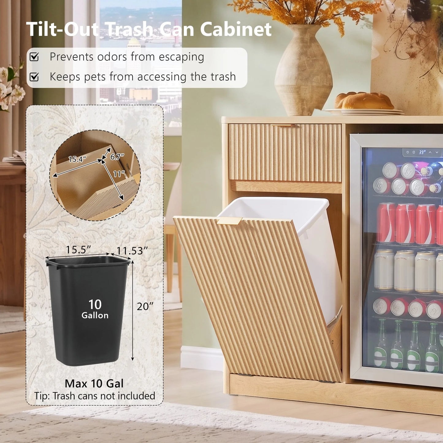 K&K 59' Coffee Bar Cabinet with Fridge Space & Tilt-Out Trash Cabinet, Mini Fridge Wine Cabinet with Storage/Charging Station, Fluted Buffet Sideboard with Glass Holder for Dining Room, Natural Oak detail view 9