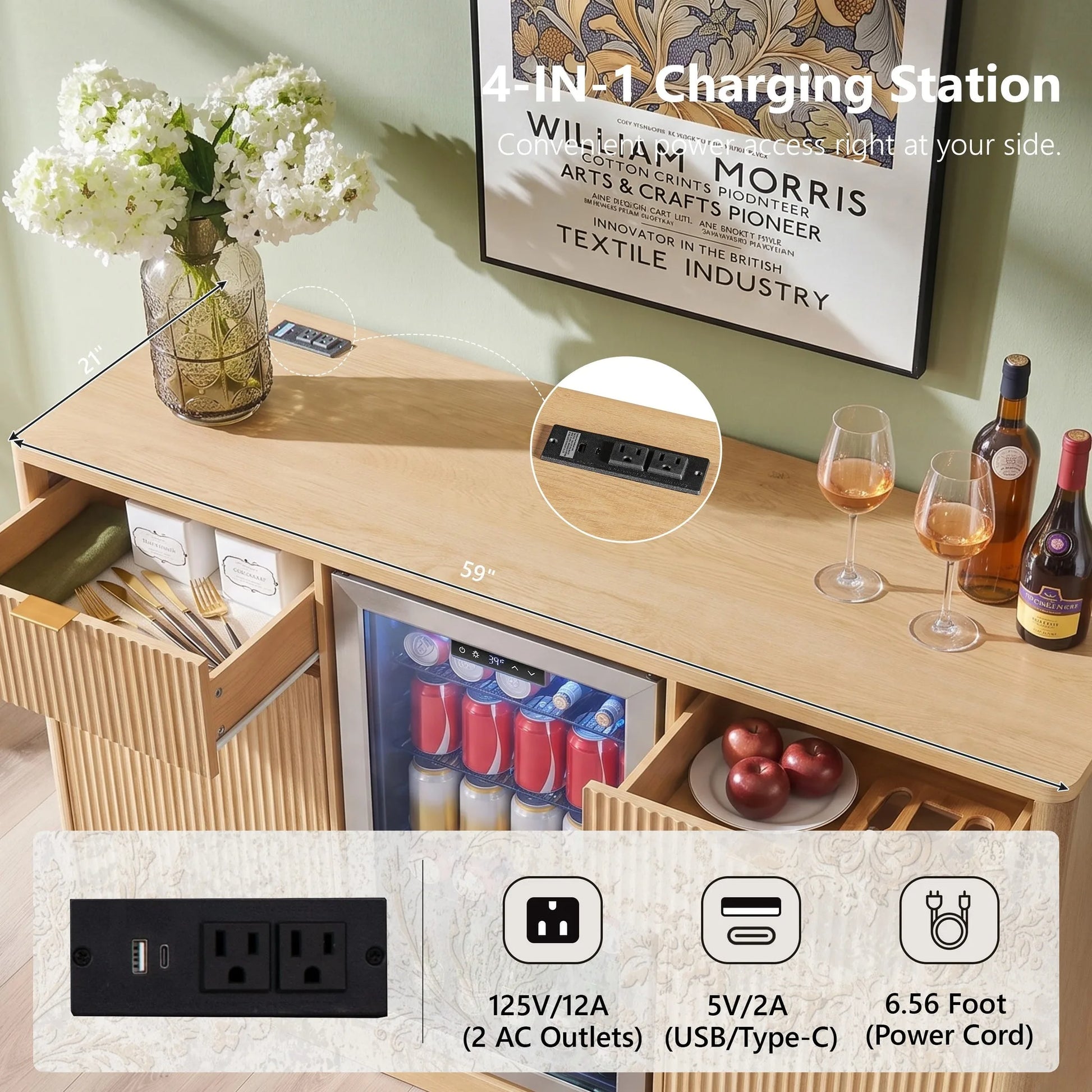 K&K 59' Coffee Bar Cabinet with Fridge Space & Tilt-Out Trash Cabinet, Mini Fridge Wine Cabinet with Storage/Charging Station, Fluted Buffet Sideboard with Glass Holder for Dining Room, Natural Oak detail view 10