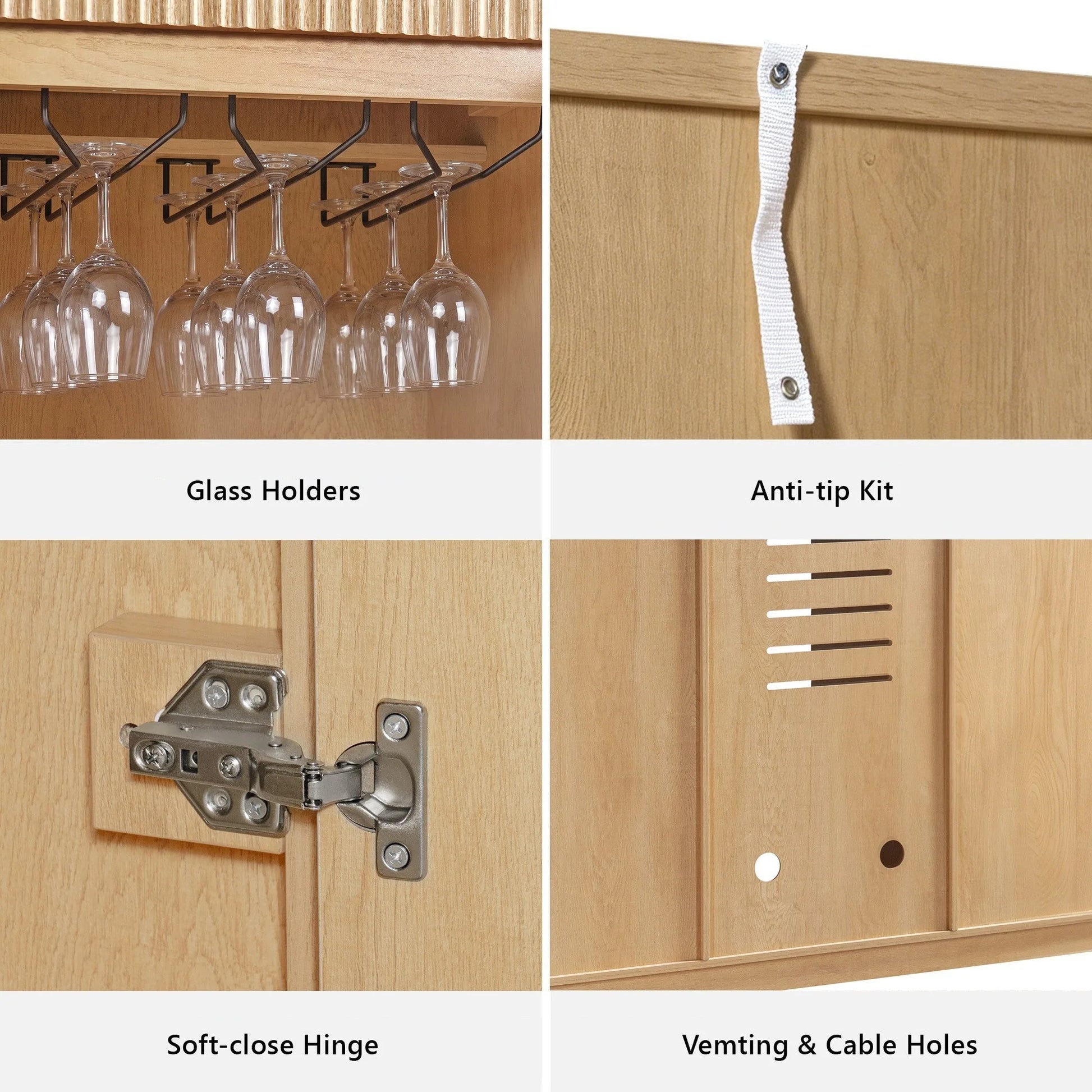 K&K 59' Coffee Bar Cabinet with Fridge Space & Tilt-Out Trash Cabinet, Mini Fridge Wine Cabinet with Storage/Charging Station, Fluted Buffet Sideboard with Glass Holder for Dining Room, Natural Oak detail view 11