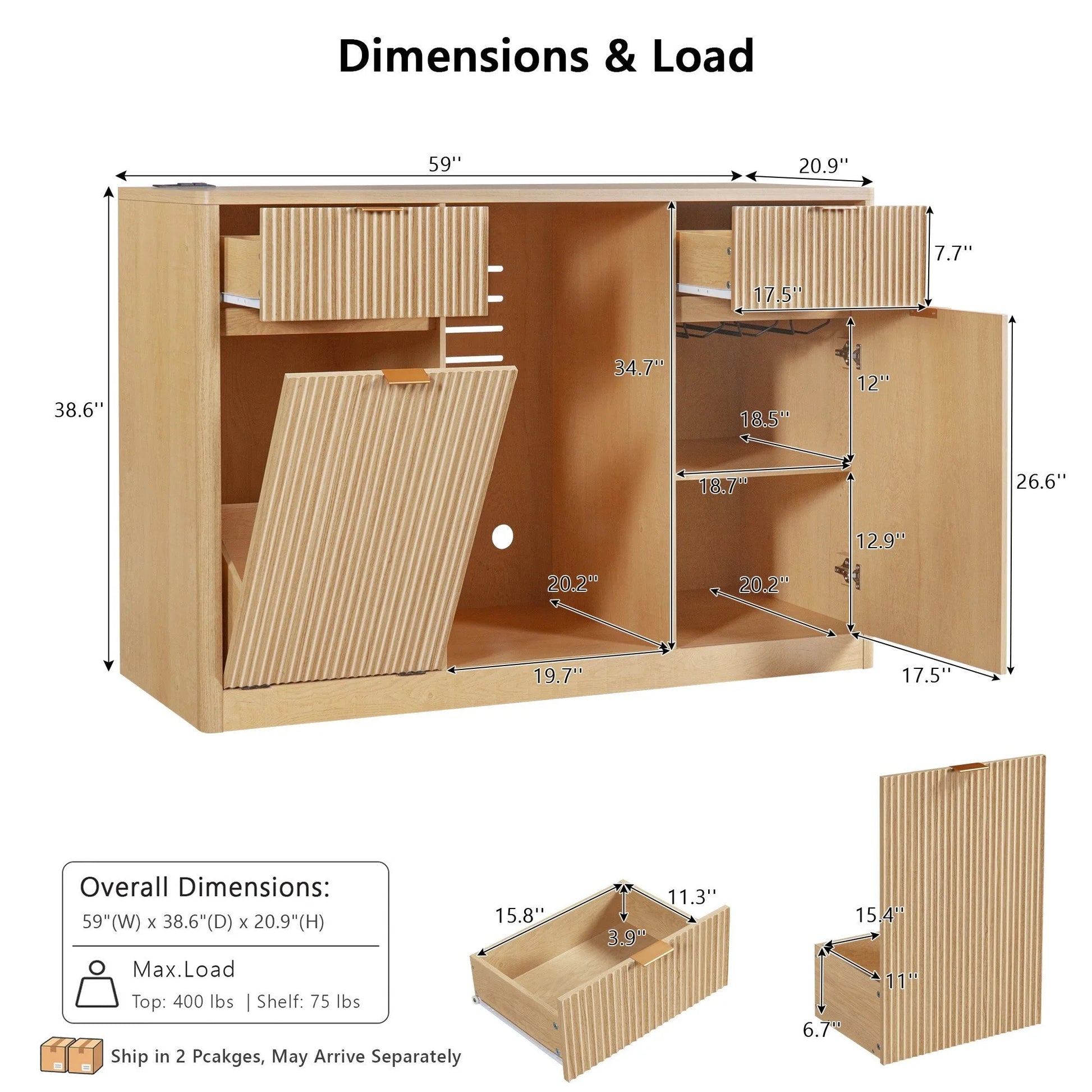K&K 59' Coffee Bar Cabinet with Fridge Space & Tilt-Out Trash Cabinet, Mini Fridge Wine Cabinet with Storage/Charging Station, Fluted Buffet Sideboard with Glass Holder for Dining Room, Natural Oak detail view 12