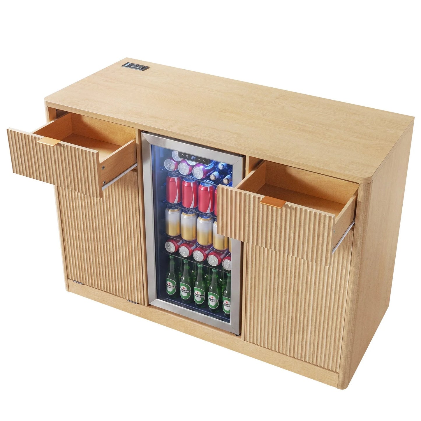 K&K 59' Coffee Bar Cabinet with Fridge Space & Tilt-Out Trash Cabinet, Mini Fridge Wine Cabinet with Storage/Charging Station, Fluted Buffet Sideboard with Glass Holder for Dining Room, Natural Oak detail view 13