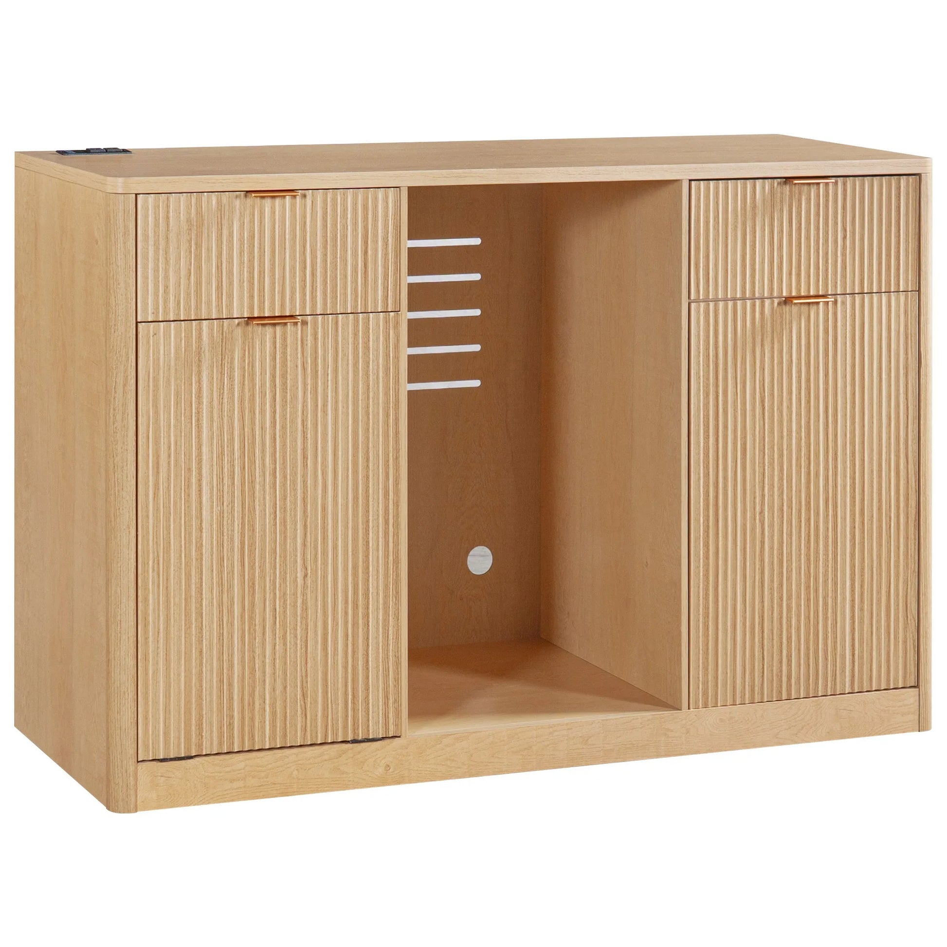 K&K 59' Coffee Bar Cabinet with Fridge Space & Tilt-Out Trash Cabinet, Mini Fridge Wine Cabinet with Storage/Charging Station, Fluted Buffet Sideboard with Glass Holder for Dining Room, Natural Oak detail view 21
