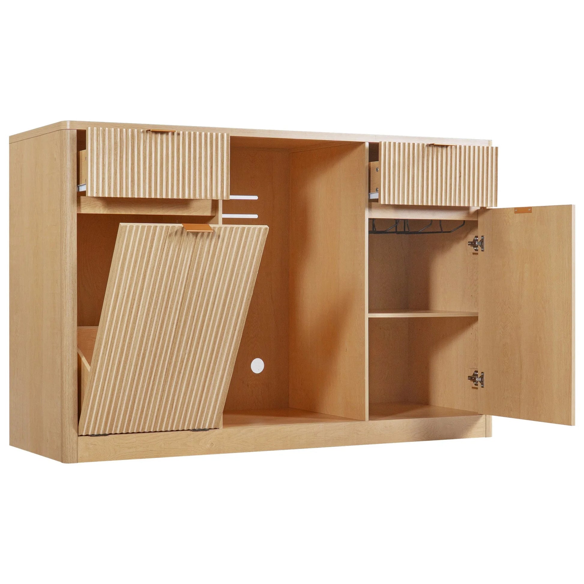 K&K 59' Coffee Bar Cabinet with Fridge Space & Tilt-Out Trash Cabinet, Mini Fridge Wine Cabinet with Storage/Charging Station, Fluted Buffet Sideboard with Glass Holder for Dining Room, Natural Oak detail view 22