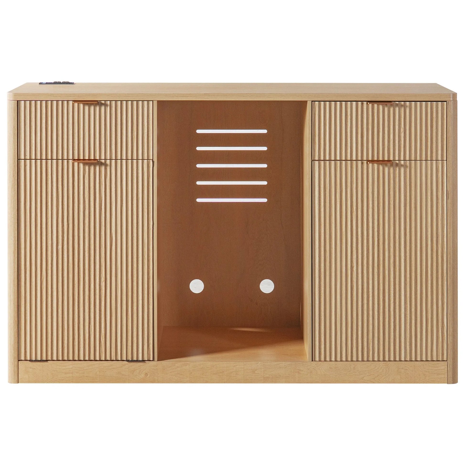 K&K 59' Coffee Bar Cabinet with Fridge Space & Tilt-Out Trash Cabinet, Mini Fridge Wine Cabinet with Storage/Charging Station, Fluted Buffet Sideboard with Glass Holder for Dining Room, Natural Oak detail view 24