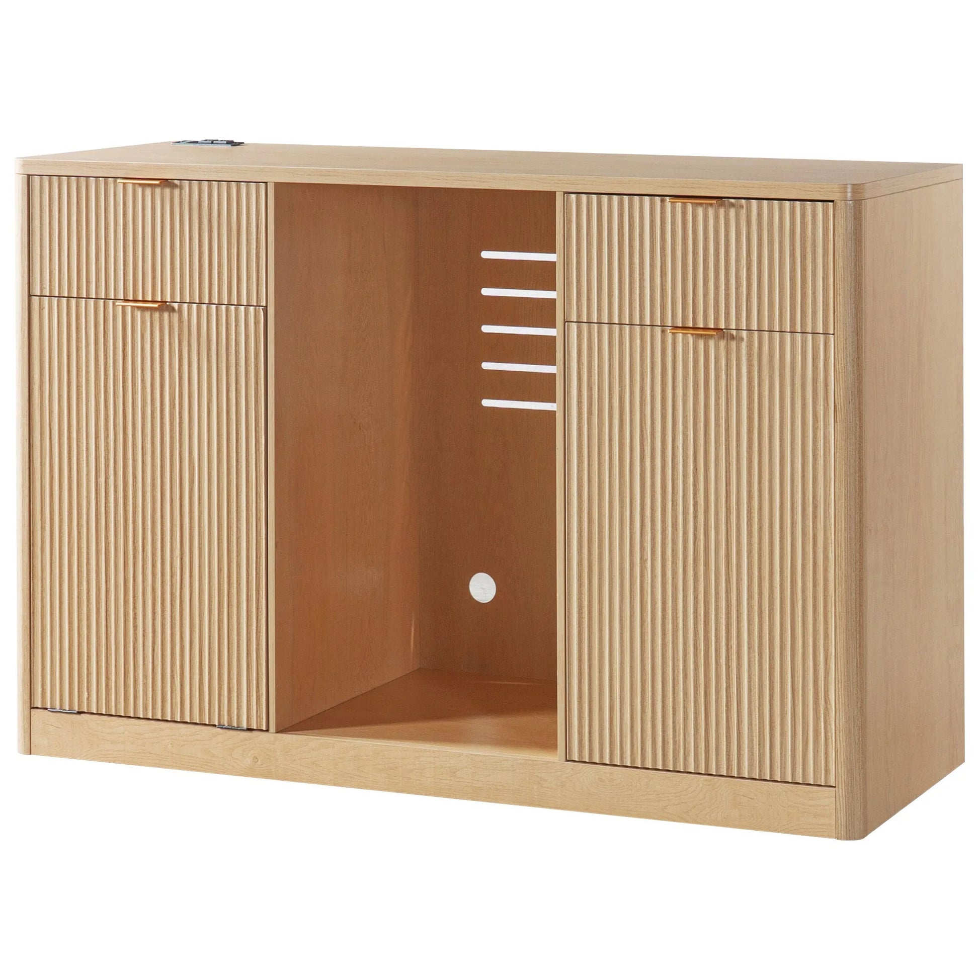 K&K 59' Coffee Bar Cabinet with Fridge Space & Tilt-Out Trash Cabinet, Mini Fridge Wine Cabinet with Storage/Charging Station, Fluted Buffet Sideboard with Glass Holder for Dining Room, Natural Oak detail view 25