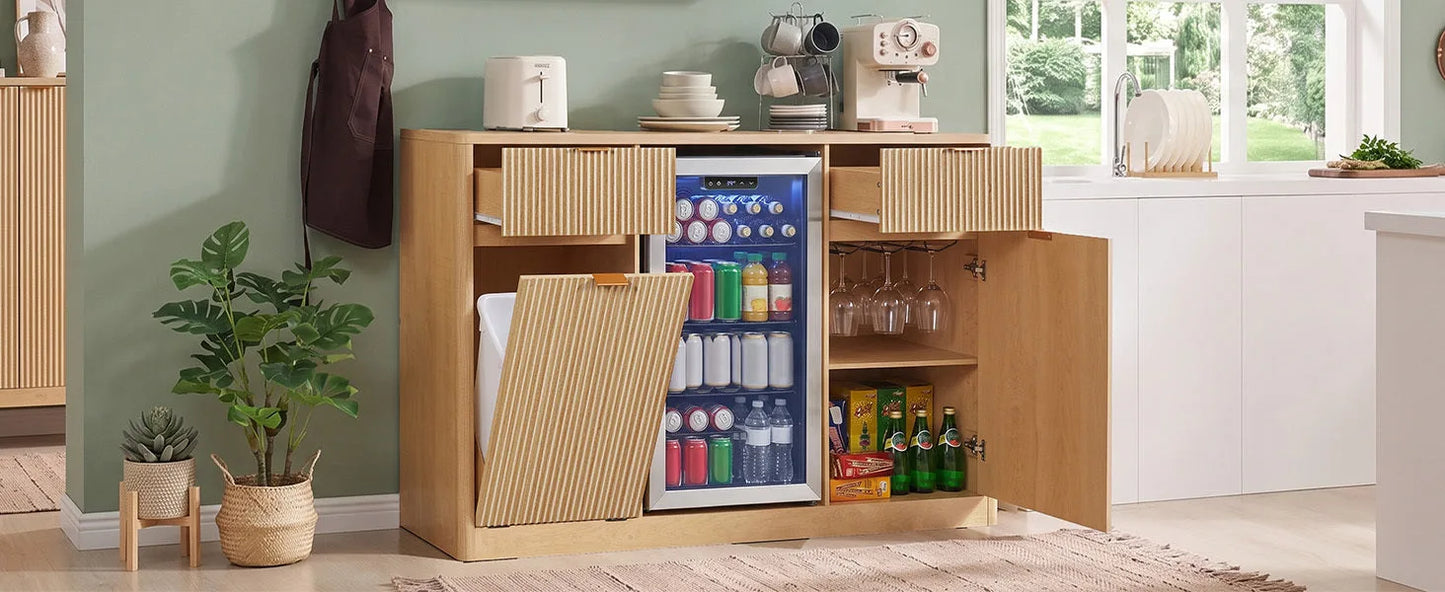 K&K 59' Coffee Bar Cabinet with Fridge Space & Tilt-Out Trash Cabinet, Mini Fridge Wine Cabinet with Storage/Charging Station, Fluted Buffet Sideboard with Glass Holder for Dining Room, Natural Oak detail view 28