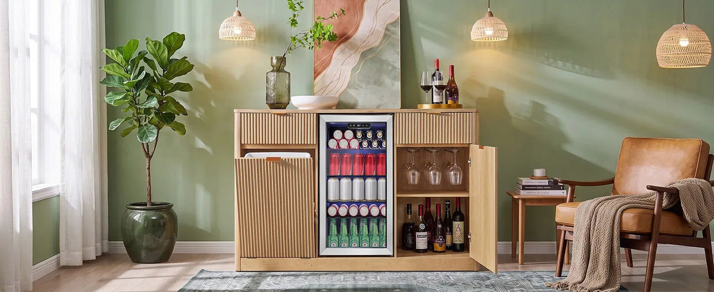 K&K 59' Coffee Bar Cabinet with Fridge Space & Tilt-Out Trash Cabinet, Mini Fridge Wine Cabinet with Storage/Charging Station, Fluted Buffet Sideboard with Glass Holder for Dining Room, Natural Oak detail view 29