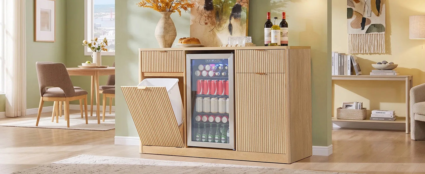 K&K 59' Coffee Bar Cabinet with Fridge Space & Tilt-Out Trash Cabinet, Mini Fridge Wine Cabinet with Storage/Charging Station, Fluted Buffet Sideboard with Glass Holder for Dining Room, Natural Oak detail view 30