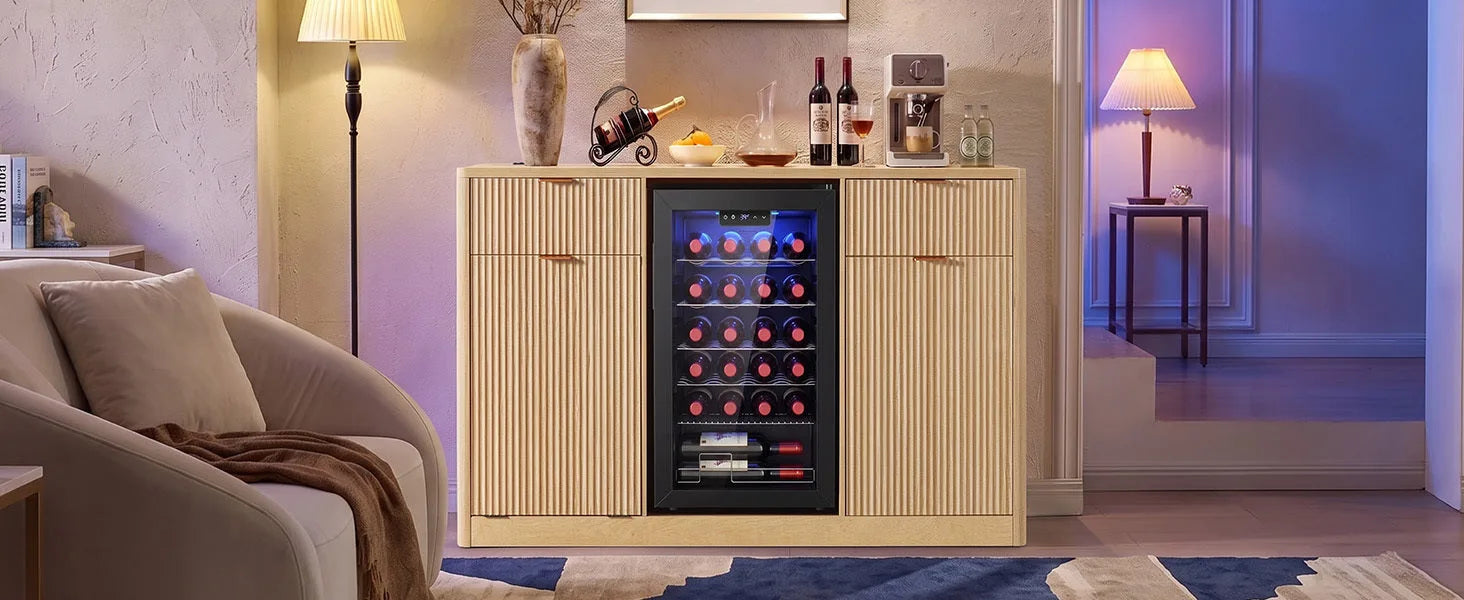K&K 59' Coffee Bar Cabinet with Fridge Space & Tilt-Out Trash Cabinet, Mini Fridge Wine Cabinet with Storage/Charging Station, Fluted Buffet Sideboard with Glass Holder for Dining Room, Natural Oak detail view 31