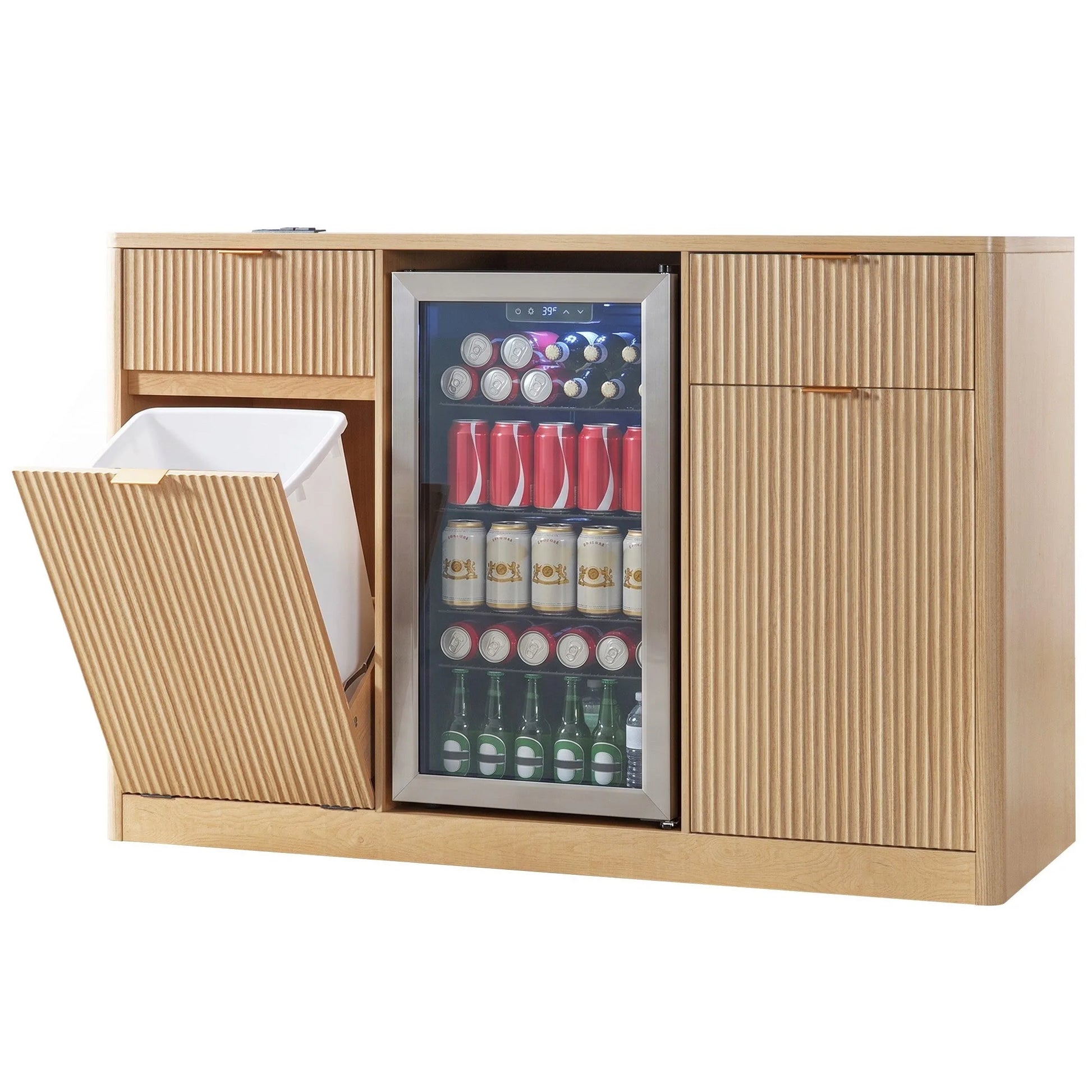 K&K 59' Coffee Bar Cabinet with Fridge Space & Tilt-Out Trash Cabinet, Mini Fridge Wine Cabinet with Storage/Charging Station, Fluted Buffet Sideboard with Glass Holder for Dining Room, Natural Oak detail view 32