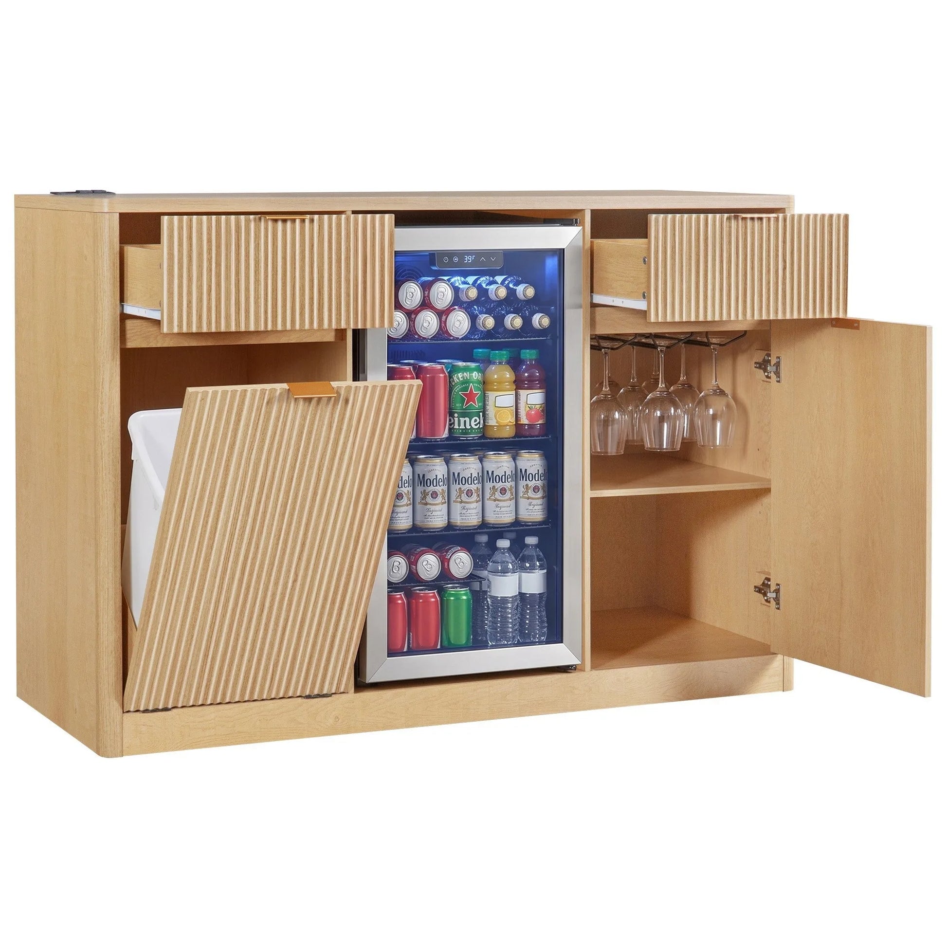 K&K 59' Coffee Bar Cabinet with Fridge Space & Tilt-Out Trash Cabinet, Mini Fridge Wine Cabinet with Storage/Charging Station, Fluted Buffet Sideboard with Glass Holder for Dining Room, Natural Oak detail view 33
