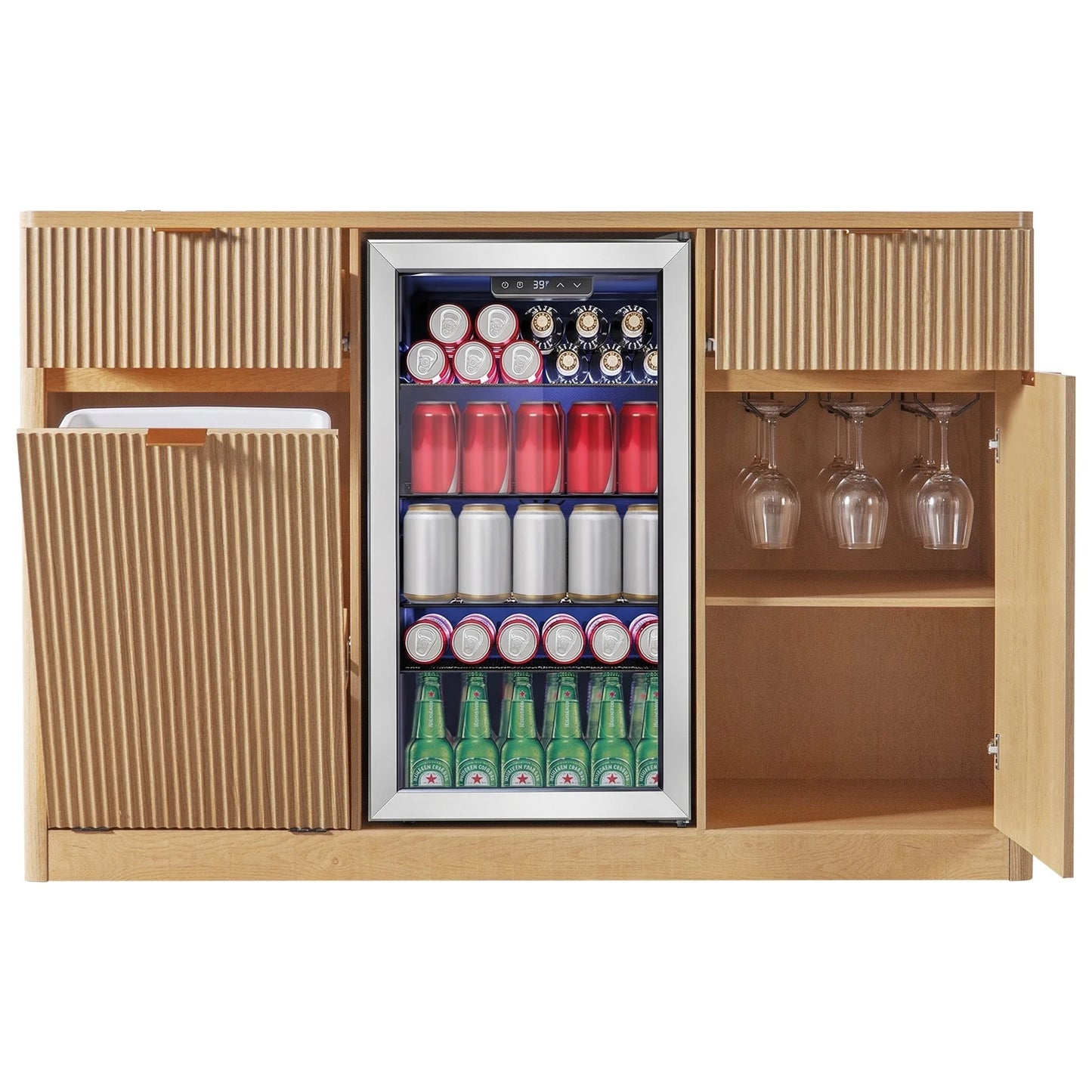 K&K 59' Coffee Bar Cabinet with Fridge Space & Tilt-Out Trash Cabinet, Mini Fridge Wine Cabinet with Storage/Charging Station, Fluted Buffet Sideboard with Glass Holder for Dining Room, Natural Oak detail view 34