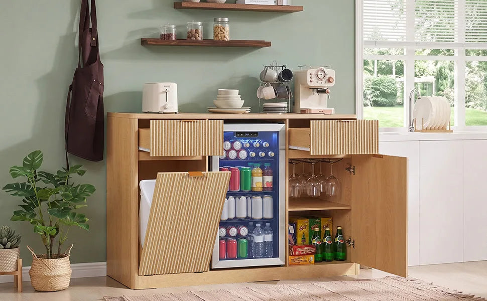 K&K 59' Coffee Bar Cabinet with Fridge Space & Tilt-Out Trash Cabinet, Mini Fridge Wine Cabinet with Storage/Charging Station, Fluted Buffet Sideboard with Glass Holder for Dining Room, Natural Oak detail view 36