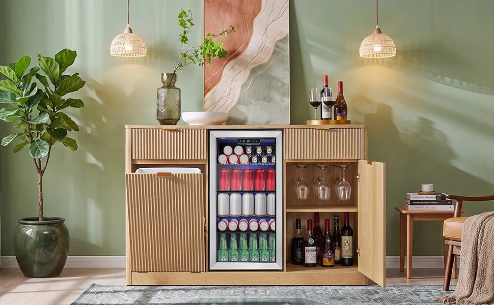 K&K 59' Coffee Bar Cabinet with Fridge Space & Tilt-Out Trash Cabinet, Mini Fridge Wine Cabinet with Storage/Charging Station, Fluted Buffet Sideboard with Glass Holder for Dining Room, Natural Oak detail view 37