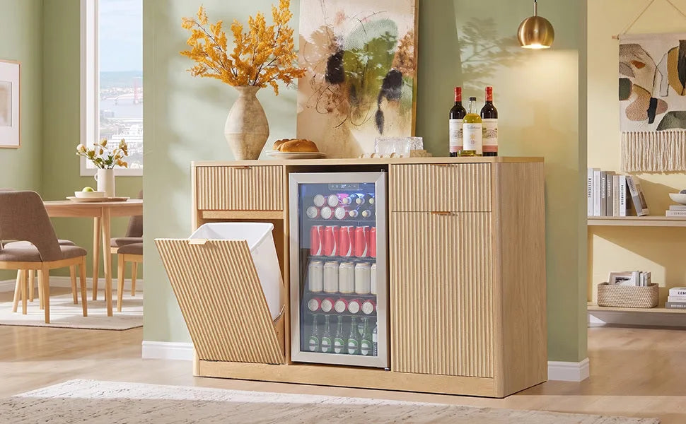 K&K 59' Coffee Bar Cabinet with Fridge Space & Tilt-Out Trash Cabinet, Mini Fridge Wine Cabinet with Storage/Charging Station, Fluted Buffet Sideboard with Glass Holder for Dining Room, Natural Oak detail view 38