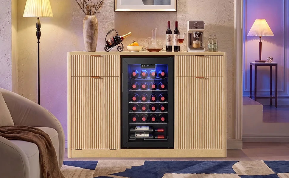 K&K 59' Coffee Bar Cabinet with Fridge Space & Tilt-Out Trash Cabinet, Mini Fridge Wine Cabinet with Storage/Charging Station, Fluted Buffet Sideboard with Glass Holder for Dining Room, Natural Oak detail view 39