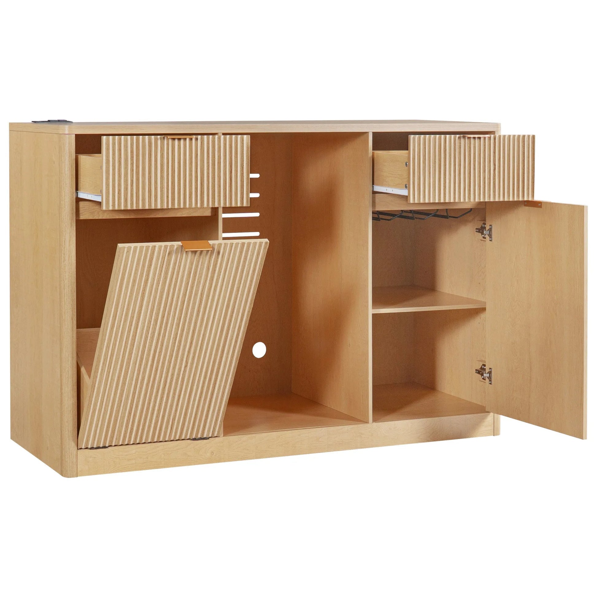 K&K 59' Coffee Bar Cabinet with Fridge Space & Tilt-Out Trash Cabinet, Mini Fridge Wine Cabinet with Storage/Charging Station, Fluted Buffet Sideboard with Glass Holder for Dining Room, Natural Oak detail view 40