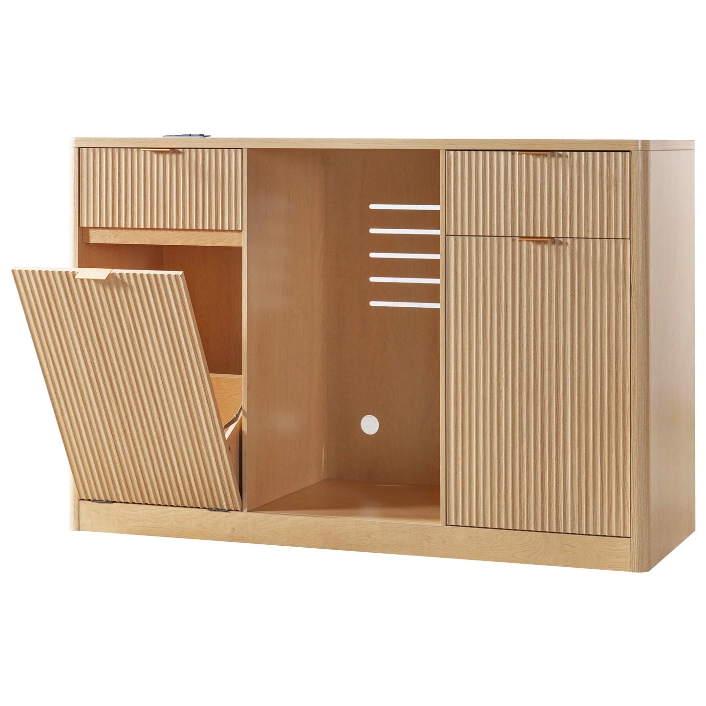 K&K 59' Coffee Bar Cabinet with Fridge Space & Tilt-Out Trash Cabinet, Mini Fridge Wine Cabinet with Storage/Charging Station, Fluted Buffet Sideboard with Glass Holder for Dining Room, Natural Oak detail view 42