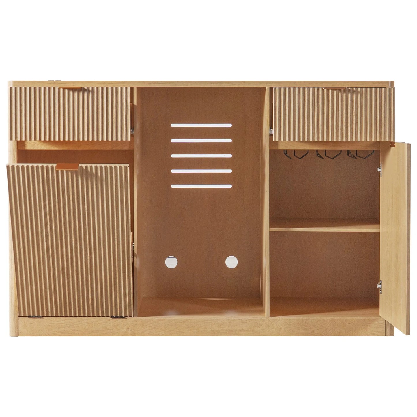 K&K 59' Coffee Bar Cabinet with Fridge Space & Tilt-Out Trash Cabinet, Mini Fridge Wine Cabinet with Storage/Charging Station, Fluted Buffet Sideboard with Glass Holder for Dining Room, Natural Oak detail view 52