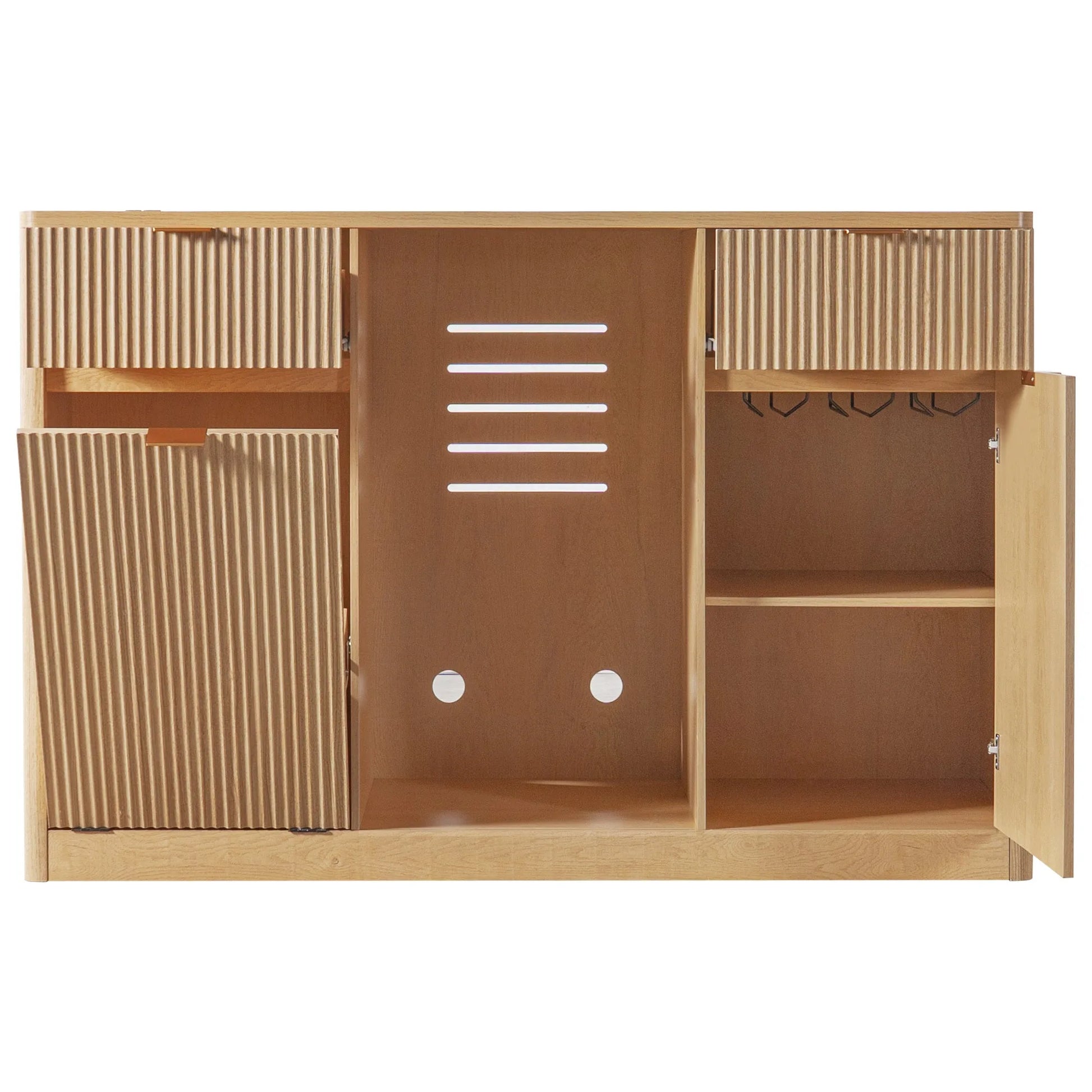 K&K 59' Coffee Bar Cabinet with Fridge Space & Tilt-Out Trash Cabinet, Mini Fridge Wine Cabinet with Storage/Charging Station, Fluted Buffet Sideboard with Glass Holder for Dining Room, Natural Oak detail view 52