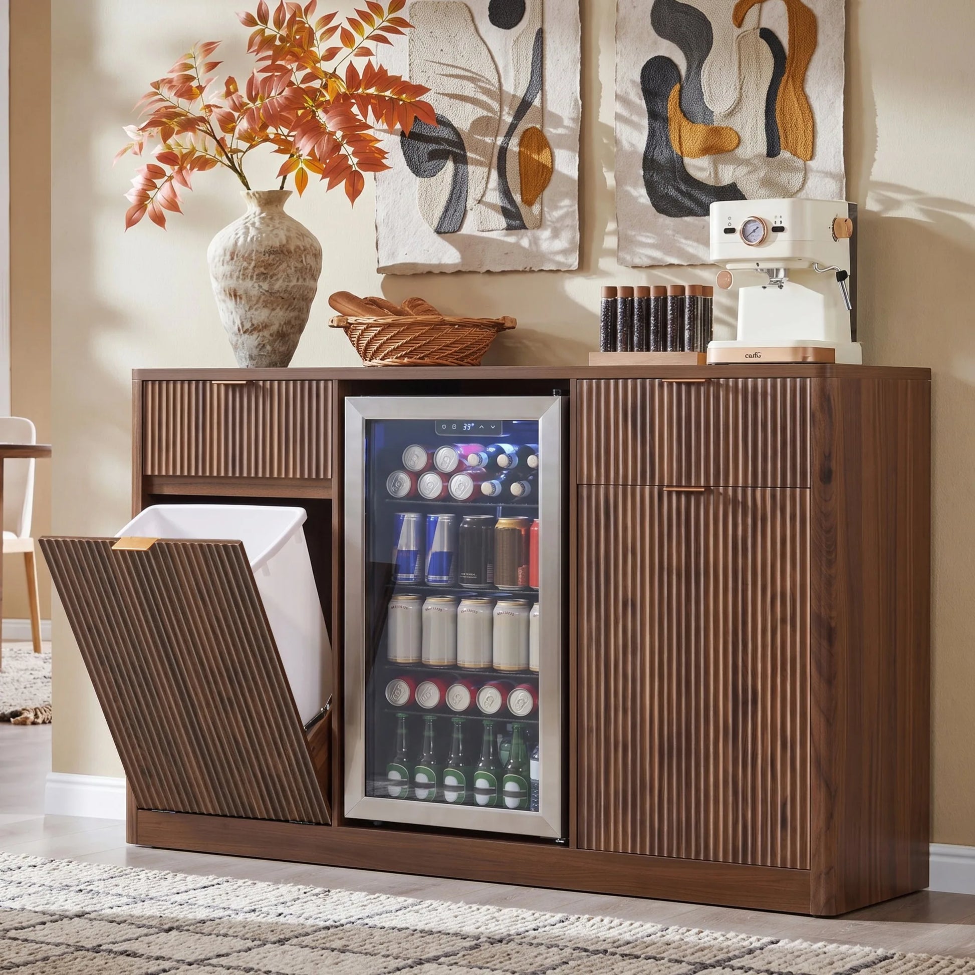 K&K 59' Coffee Bar Cabinet with Fridge Space & Tilt-Out Trash Cabinet, Mini Fridge Wine Cabinet with Storage/Charging Station, Fluted Buffet Sideboard with Glass Holder for Dining Room, Natural Oak detail view 58