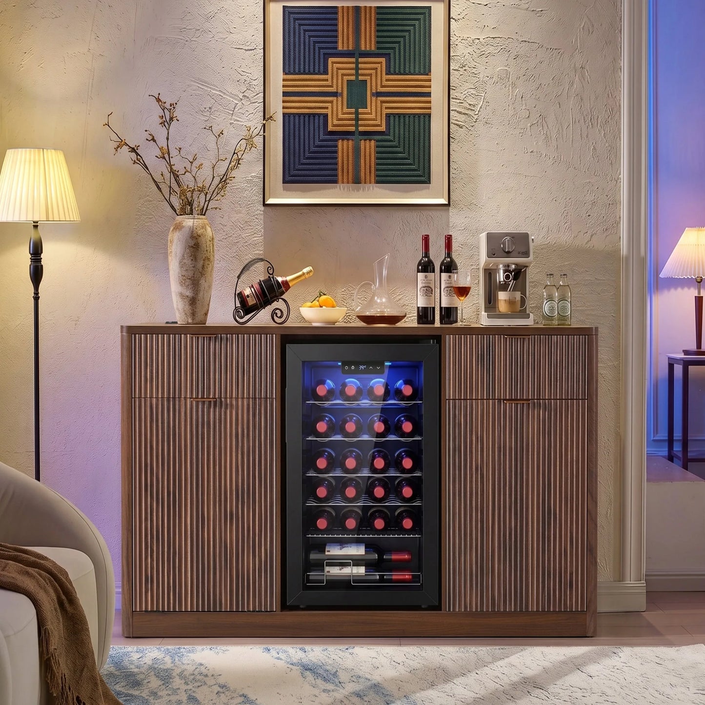 K&K 59' Coffee Bar Cabinet with Fridge Space & Tilt-Out Trash Cabinet, Mini Fridge Wine Cabinet with Storage/Charging Station, Fluted Buffet Sideboard with Glass Holder for Dining Room, Natural Oak detail view 59