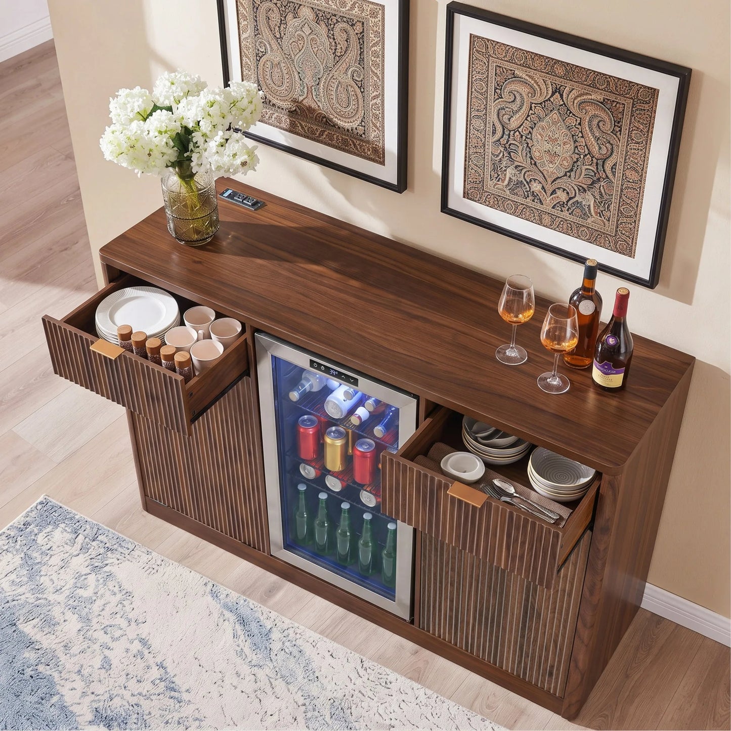 K&K 59' Coffee Bar Cabinet with Fridge Space & Tilt-Out Trash Cabinet, Mini Fridge Wine Cabinet with Storage/Charging Station, Fluted Buffet Sideboard with Glass Holder for Dining Room, Natural Oak detail view 60