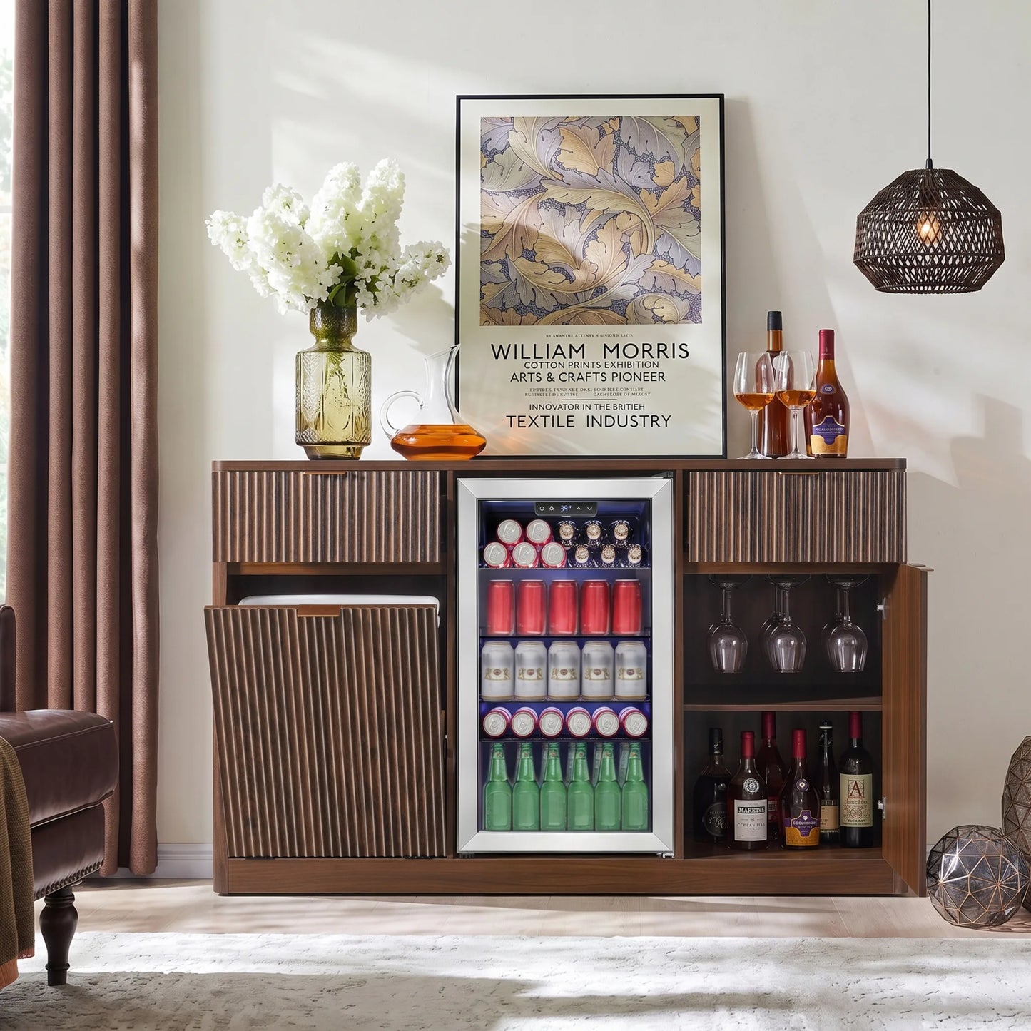 K&K 59' Coffee Bar Cabinet with Fridge Space & Tilt-Out Trash Cabinet, Mini Fridge Wine Cabinet with Storage/Charging Station, Fluted Buffet Sideboard with Glass Holder for Dining Room, Natural Oak detail view 61