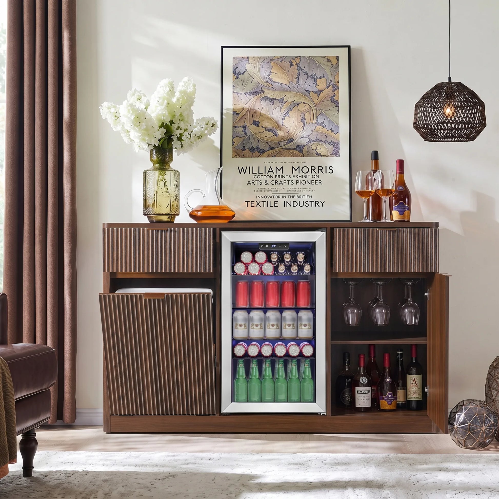 K&K 59' Coffee Bar Cabinet with Fridge Space & Tilt-Out Trash Cabinet, Mini Fridge Wine Cabinet with Storage/Charging Station, Fluted Buffet Sideboard with Glass Holder for Dining Room, Natural Oak detail view 61