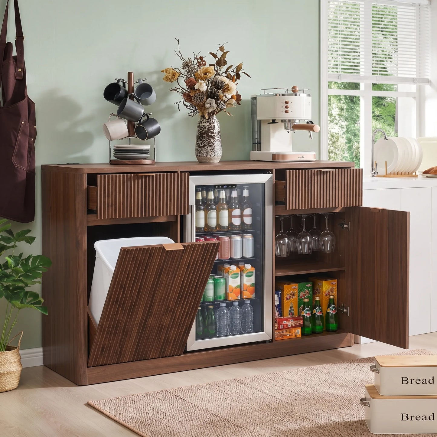 K&K 59' Coffee Bar Cabinet with Fridge Space & Tilt-Out Trash Cabinet, Mini Fridge Wine Cabinet with Storage/Charging Station, Fluted Buffet Sideboard with Glass Holder for Dining Room, Natural Oak detail view 62
