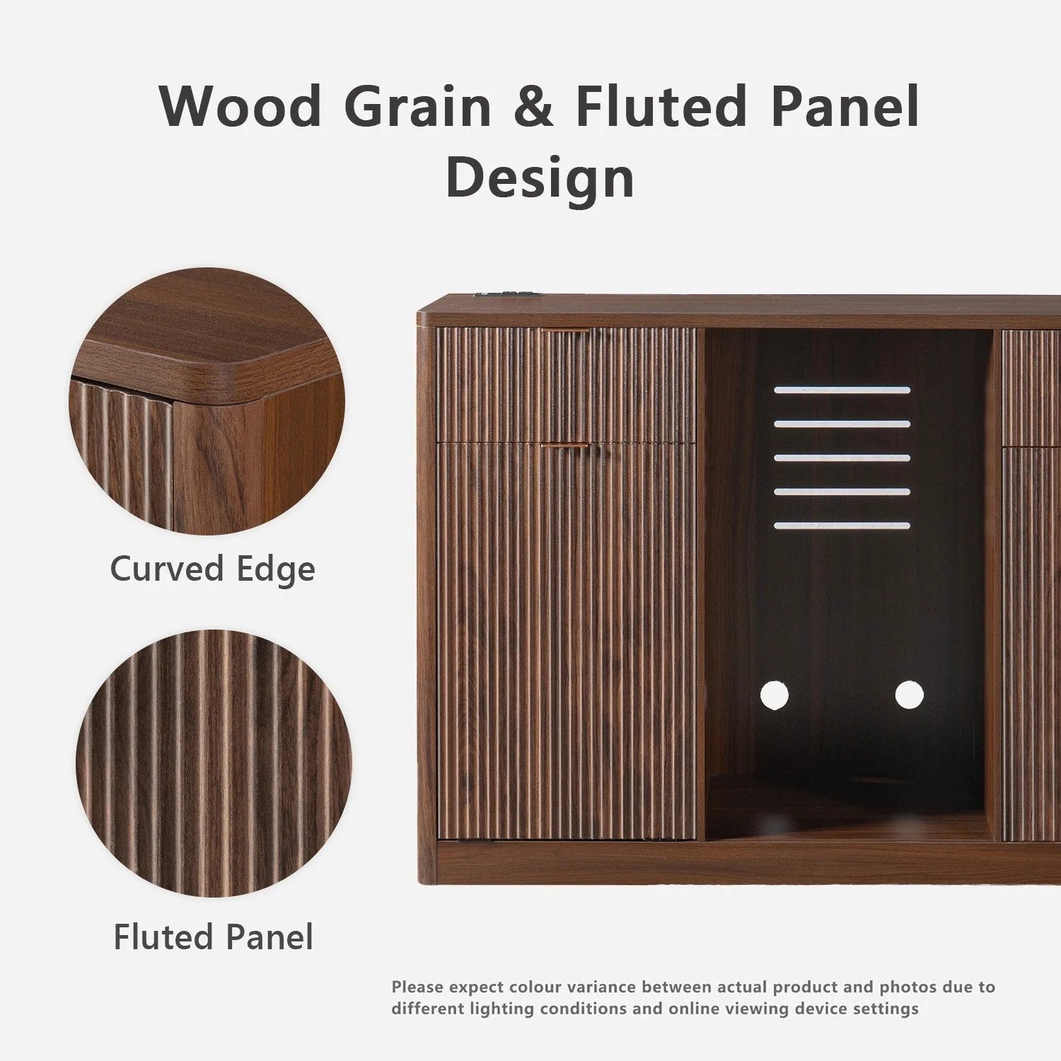 K&K 59' Coffee Bar Cabinet with Fridge Space & Tilt-Out Trash Cabinet, Mini Fridge Wine Cabinet with Storage/Charging Station, Fluted Buffet Sideboard with Glass Holder for Dining Room, Natural Oak detail view 63