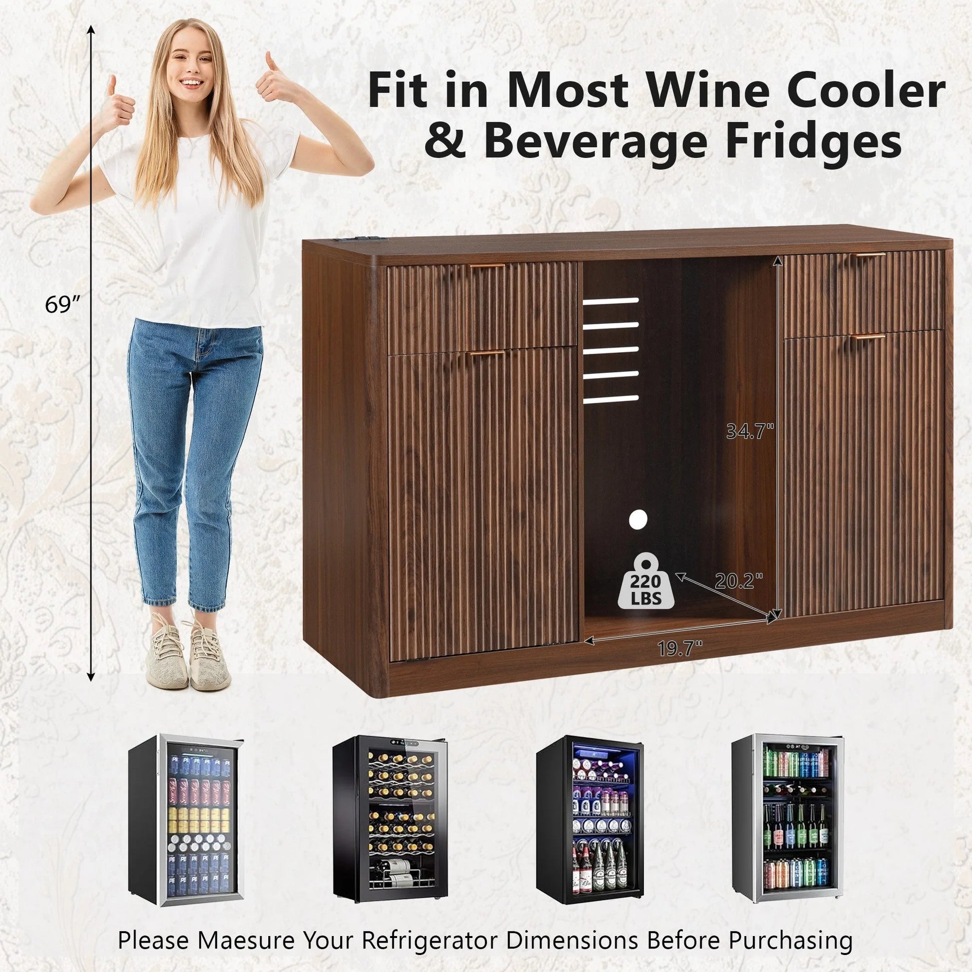 K&K 59' Coffee Bar Cabinet with Fridge Space & Tilt-Out Trash Cabinet, Mini Fridge Wine Cabinet with Storage/Charging Station, Fluted Buffet Sideboard with Glass Holder for Dining Room, Natural Oak detail view 64
