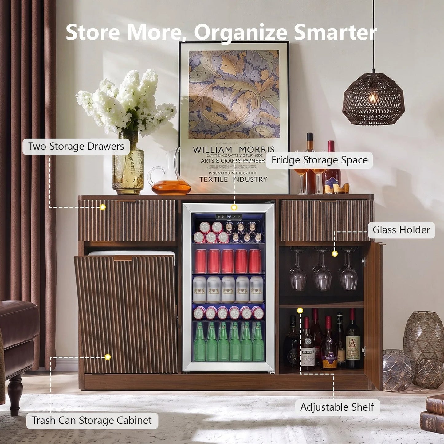 K&K 59' Coffee Bar Cabinet with Fridge Space & Tilt-Out Trash Cabinet, Mini Fridge Wine Cabinet with Storage/Charging Station, Fluted Buffet Sideboard with Glass Holder for Dining Room, Natural Oak detail view 65