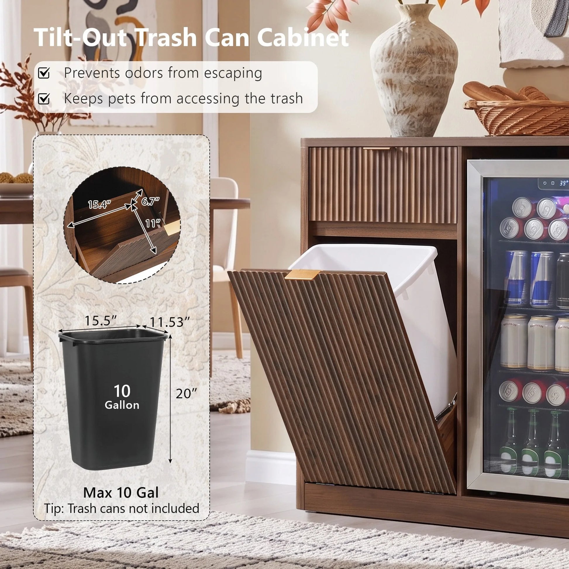 K&K 59' Coffee Bar Cabinet with Fridge Space & Tilt-Out Trash Cabinet, Mini Fridge Wine Cabinet with Storage/Charging Station, Fluted Buffet Sideboard with Glass Holder for Dining Room, Natural Oak detail view 66