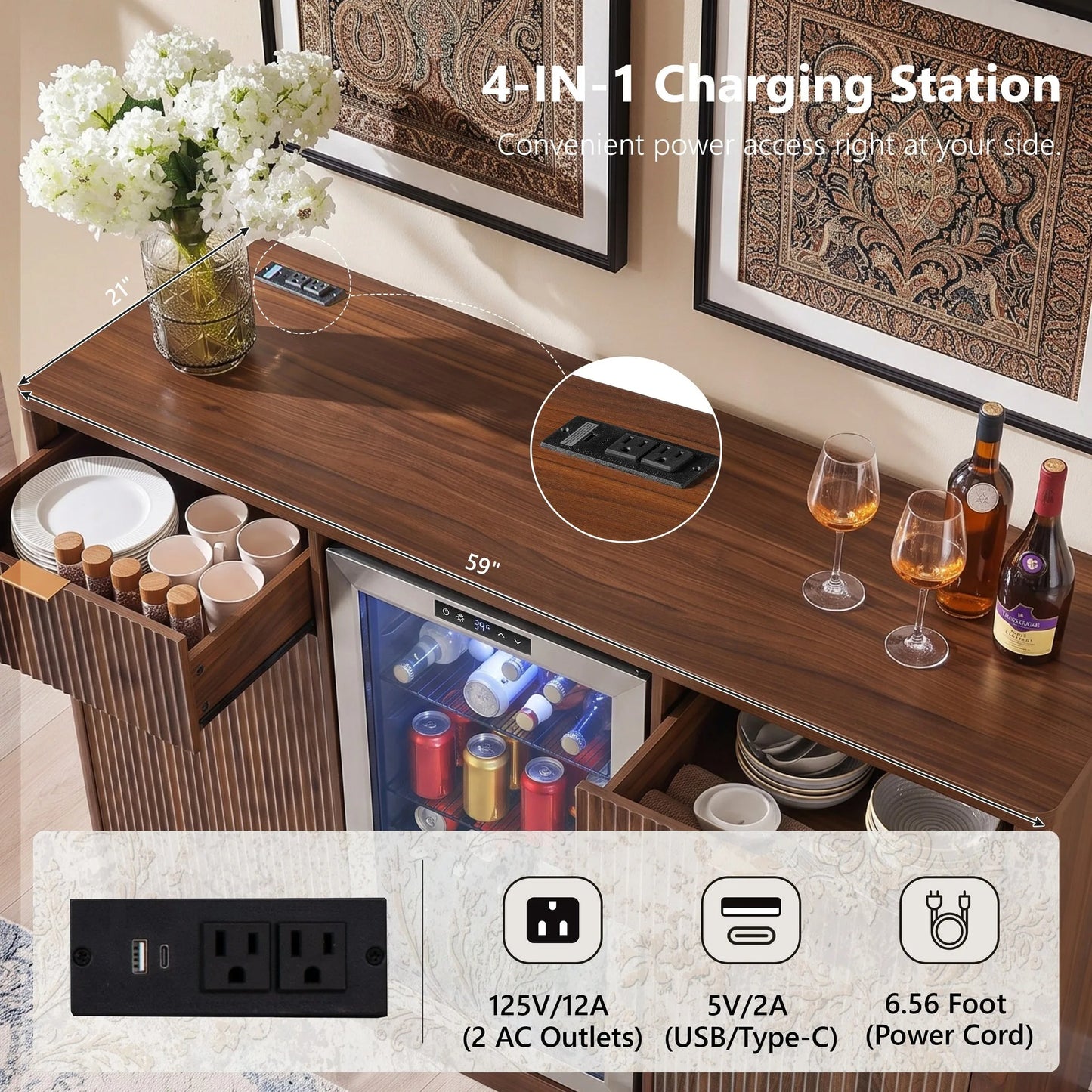 K&K 59' Coffee Bar Cabinet with Fridge Space & Tilt-Out Trash Cabinet, Mini Fridge Wine Cabinet with Storage/Charging Station, Fluted Buffet Sideboard with Glass Holder for Dining Room, Natural Oak detail view 67