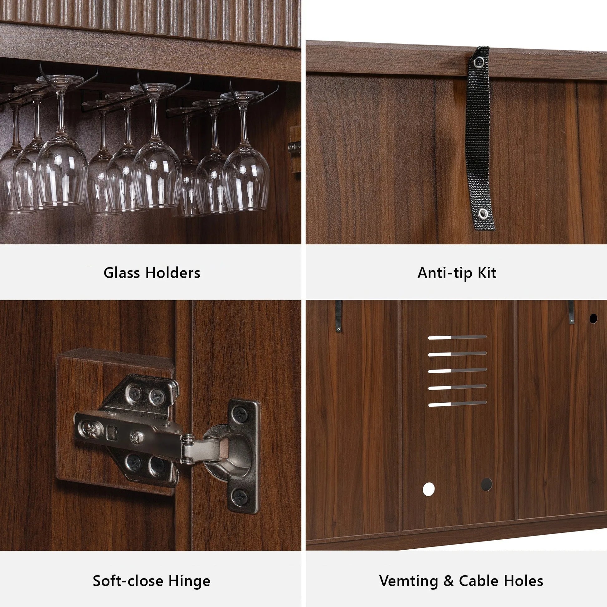 K&K 59' Coffee Bar Cabinet with Fridge Space & Tilt-Out Trash Cabinet, Mini Fridge Wine Cabinet with Storage/Charging Station, Fluted Buffet Sideboard with Glass Holder for Dining Room, Natural Oak detail view 68
