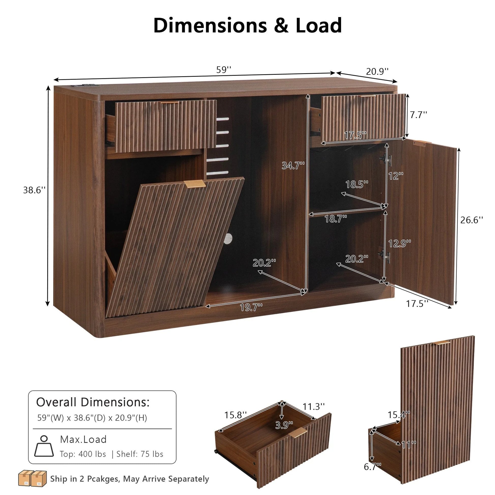 K&K 59' Coffee Bar Cabinet with Fridge Space & Tilt-Out Trash Cabinet, Mini Fridge Wine Cabinet with Storage/Charging Station, Fluted Buffet Sideboard with Glass Holder for Dining Room, Natural Oak detail view 69