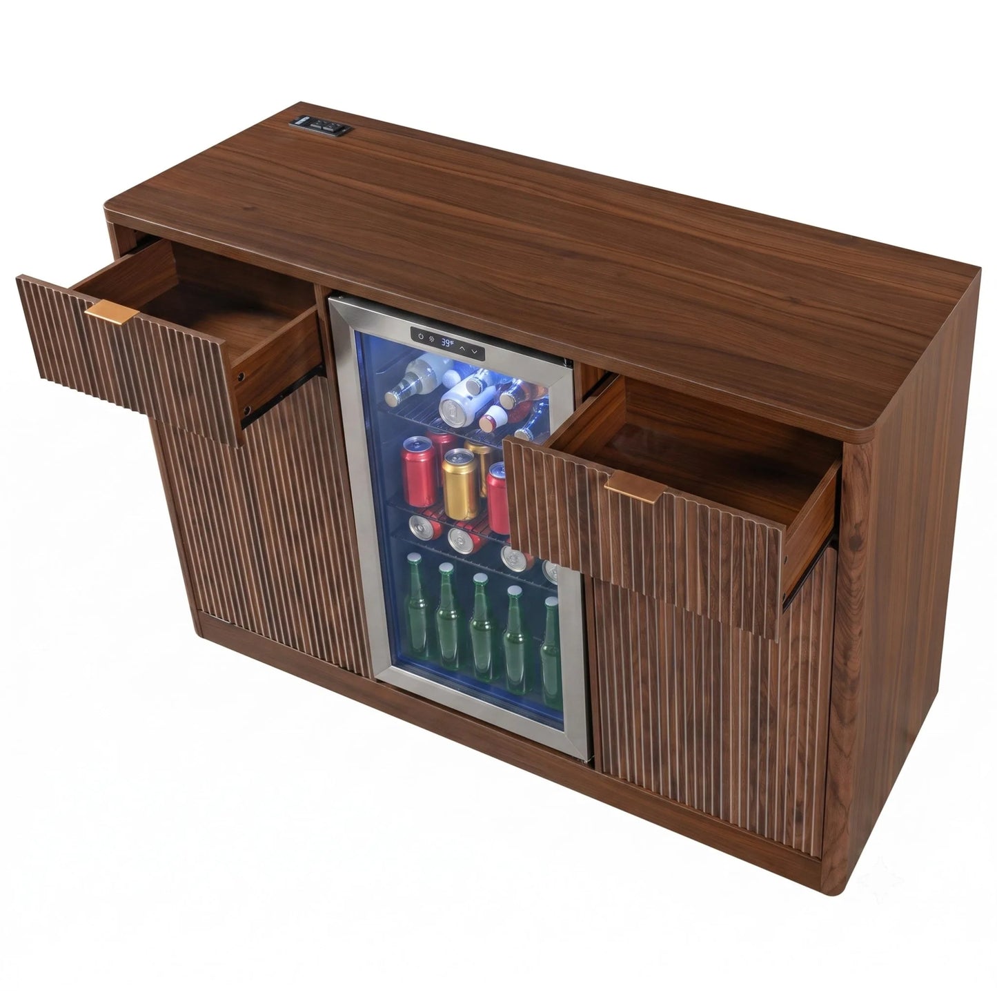 K&K 59' Coffee Bar Cabinet with Fridge Space & Tilt-Out Trash Cabinet, Mini Fridge Wine Cabinet with Storage/Charging Station, Fluted Buffet Sideboard with Glass Holder for Dining Room, Natural Oak detail view 70